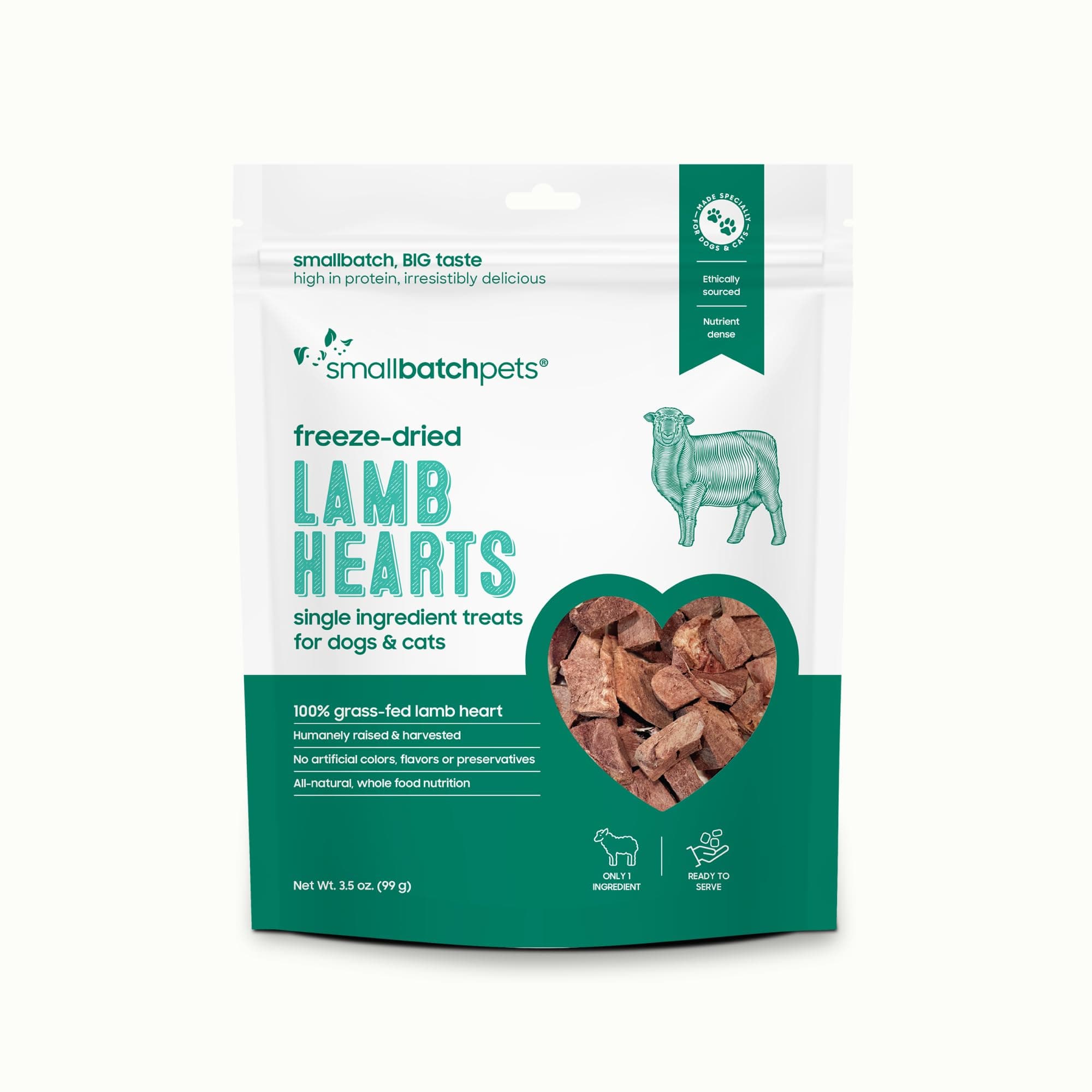 smallbatch Pets Premium Freeze-Dried Lamb Heart Treats for Dogs and Cats, 3.5 oz, Made and Sourced in The USA, Single Ingredient, Humanely Raise Meat, No Preservatives or Anything Artificial Ever