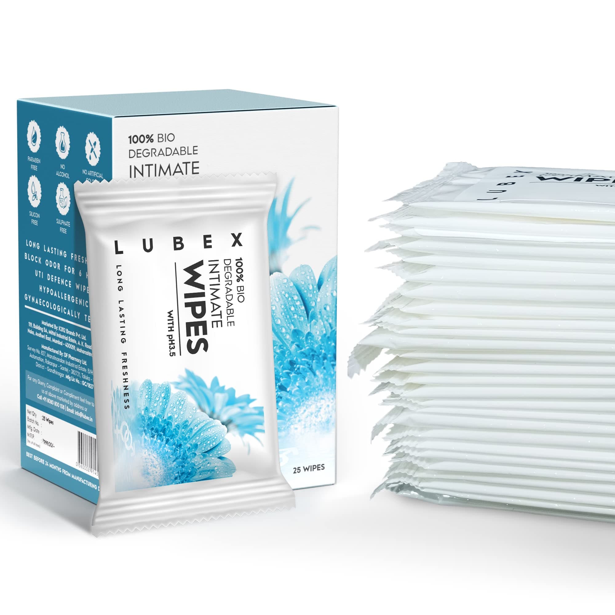 Lubex Natural Intimate Wipes for Pre/Post intimacy cleaning for Women & men - Made with Aloe Vera, Tea Tree & Vitamin E - 25 count