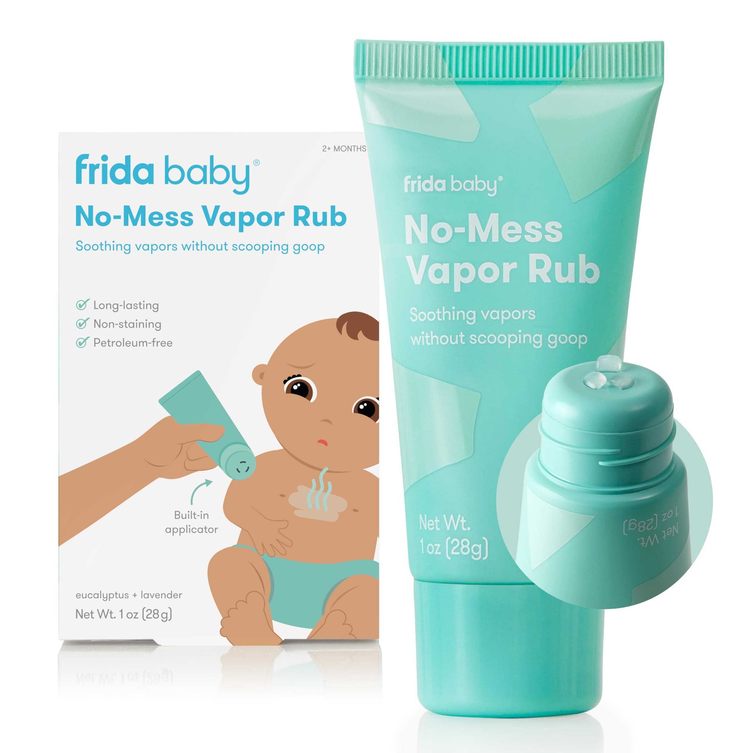 Frida Baby No-Mess Vapor Rub, Baby Vapor Rub for Chest, Neck, Back + Foot,Non-staining, Petroleum-Free Hands-Free Applicator Tube, Soothing Eucalyptus, Lavender, & Mint for Sleep