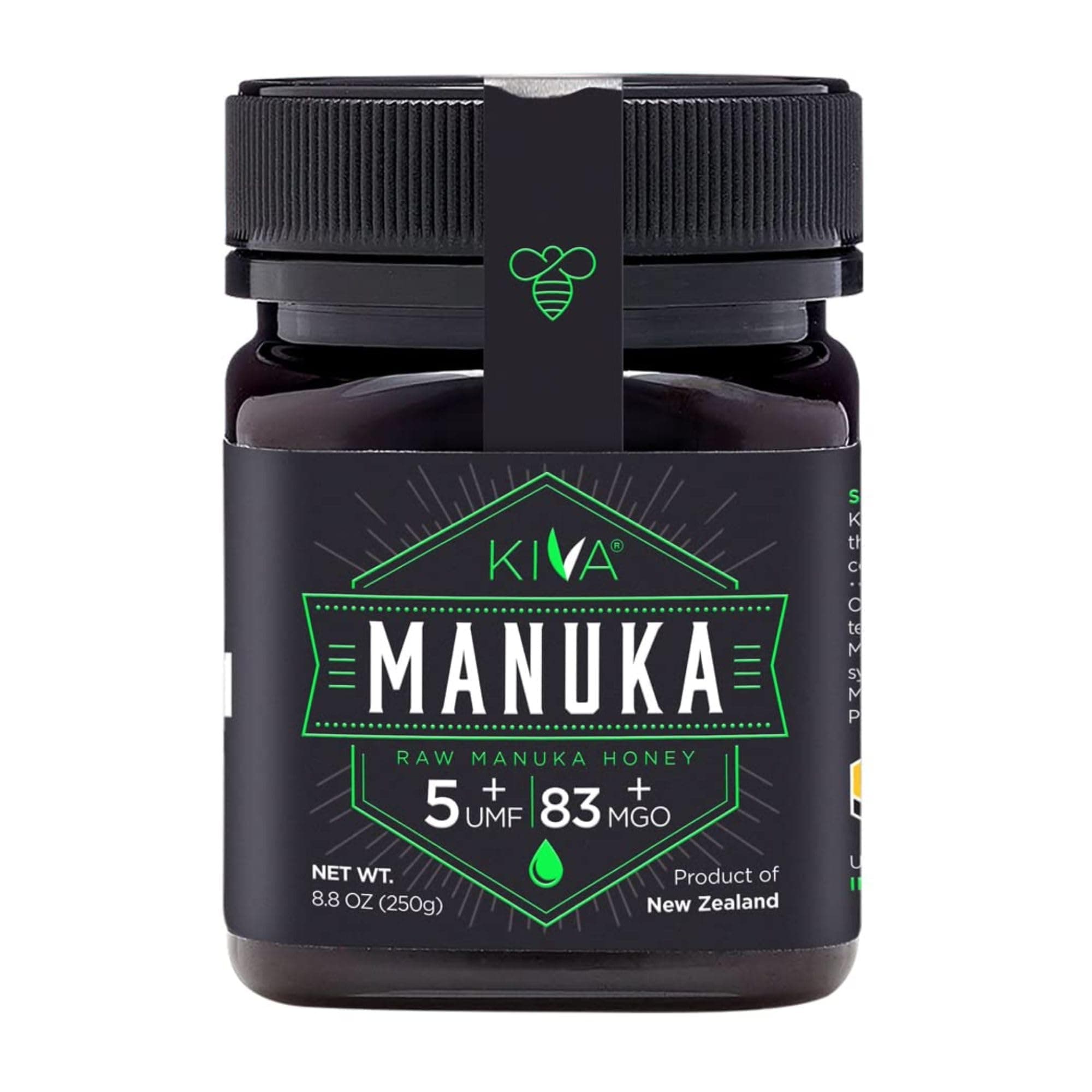 Kiva Raw Manuka Honey Certified UMF 5+, MGO 83+ 100% Pure New Zealand Honey - Non-GMO, Traceable, Glyphosate-Free (8.8 oz)