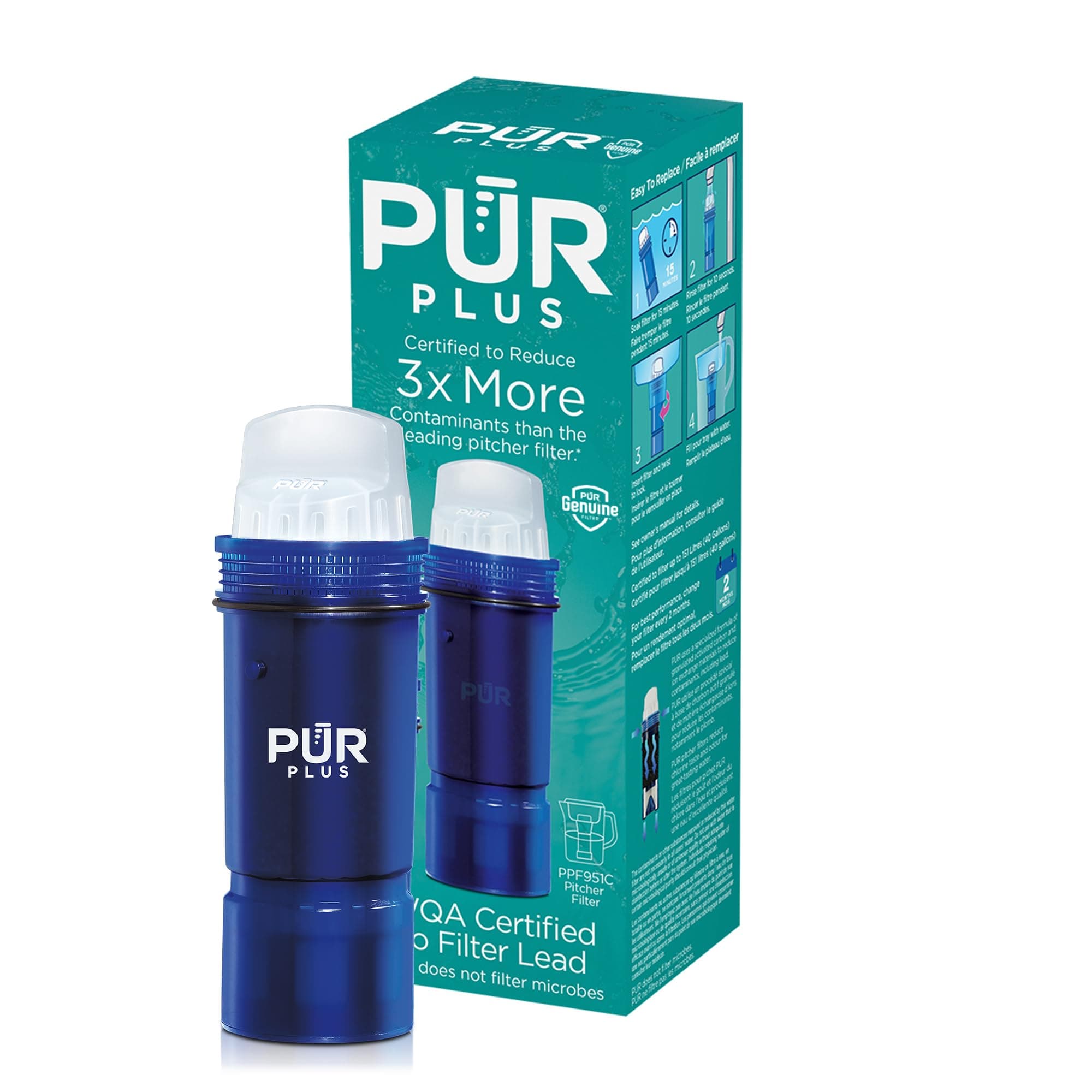 Plus Lead Reducing Water Pitcher and Dispenser Replacement Filter, 1-Pack, NSF & WQA Certified - Compatible with All PUR Pitchers and Dispensers, Blue, PPF951K1