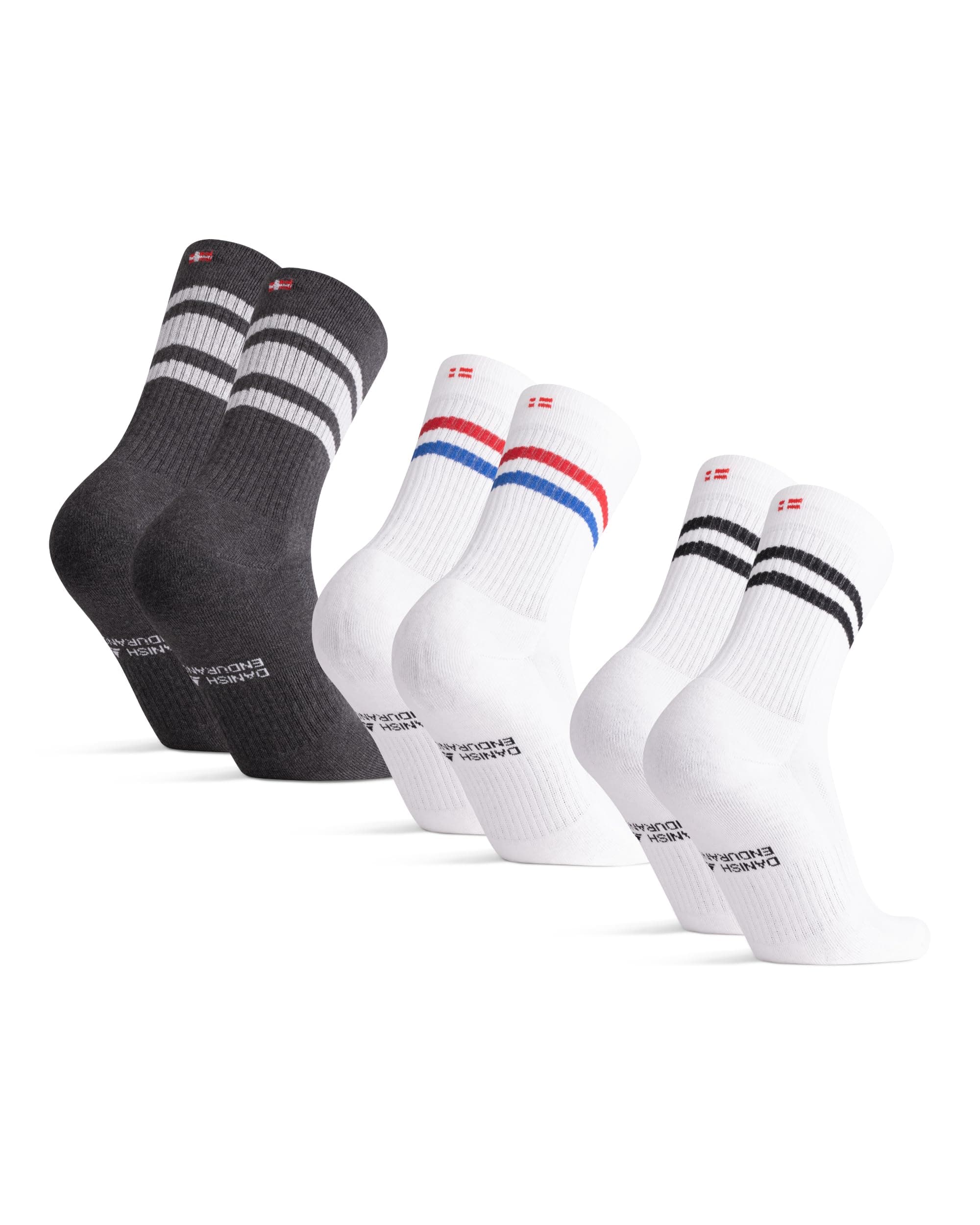 DANISH ENDURANCE Tennis Crew Socks, Cotton Striped Sports Socks, Cushioned for the Gym, for Men & Women, 3 or 6 Pack
