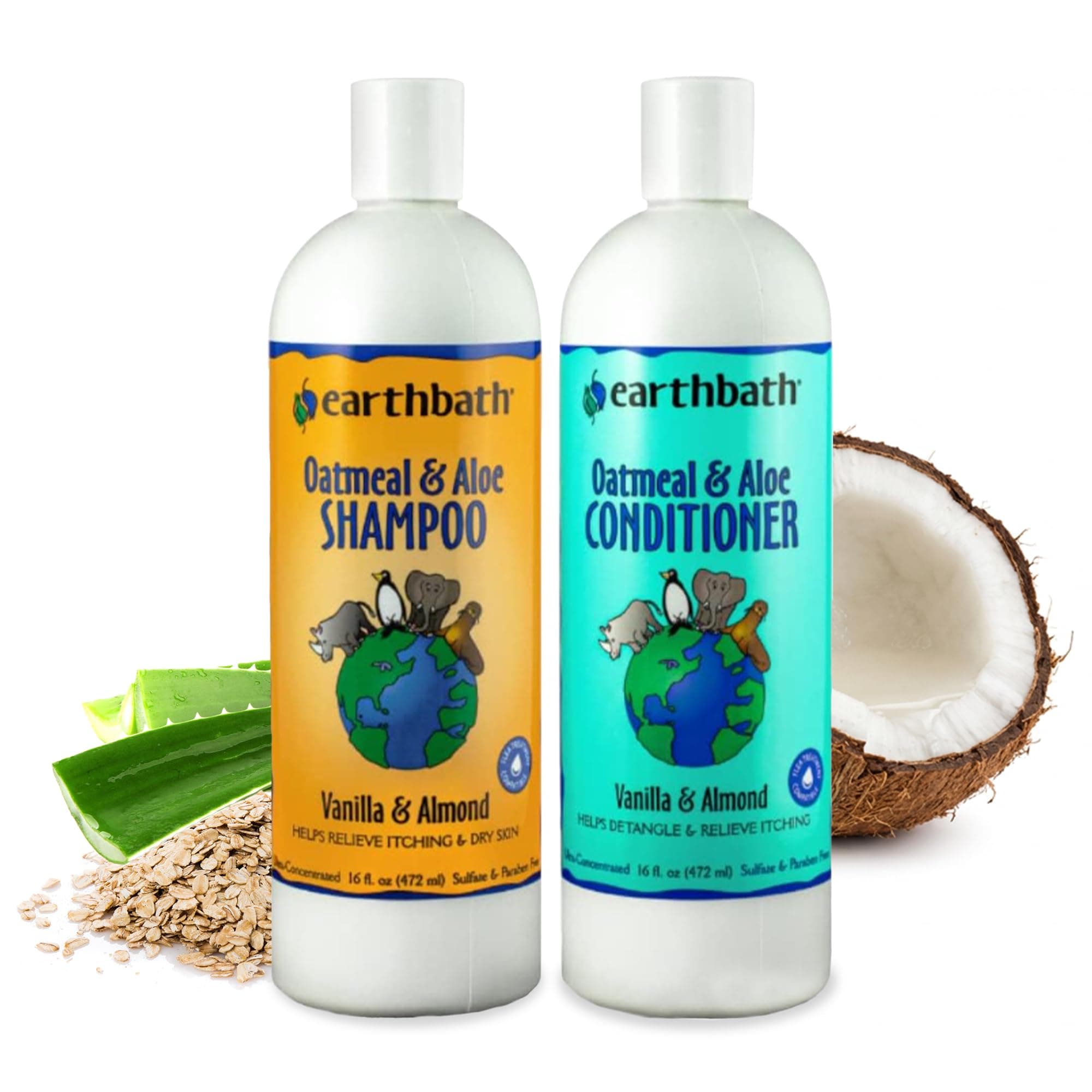 earthbath, Oatmeal & Aloe Dog Shampoo and Conditioner - Oatmeal Shampoo for Dogs, Itchy, Dry Skin Relief, Dog Wash, Made in USA, Dog Conditioner, Pet Shampoos - Vanilla & Almond, 16 Oz (1 Set)