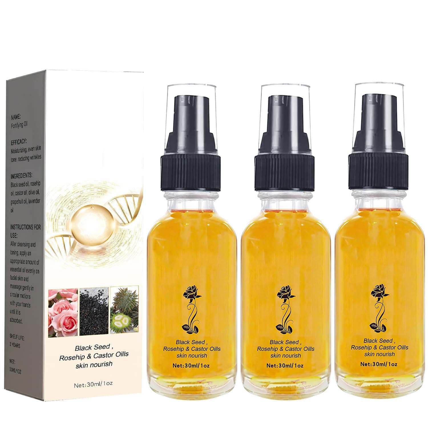 KOSIMI 3PCS Castor Oil Black Seed Oil Rosehip Oil Face Serum, Collagen Boost Anti Aging
