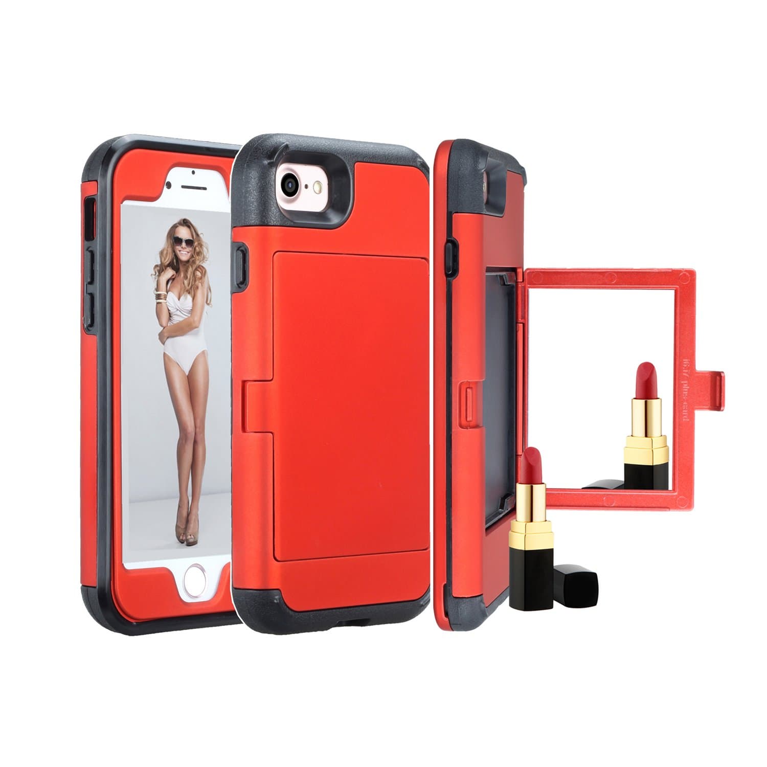 iPhone 8 Case, iPhone 7 Case, Solomo Wallet Case Design with Hidden Back Mirror and Card Holder Heavy Duty Protection Shockproof Armor Protective Case for Apple iPhone 8, 4.7 inch (Red)