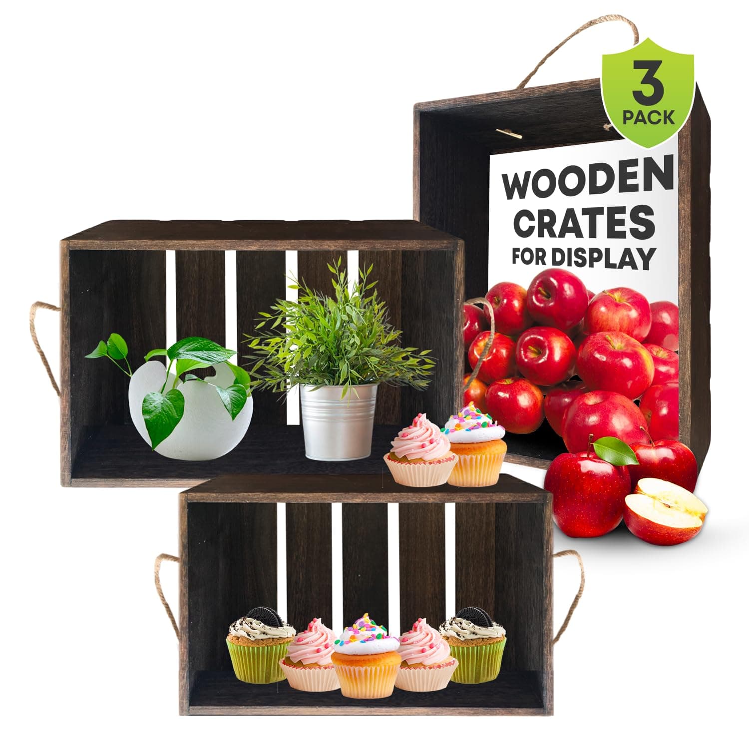 FANDOS Large Decorative Wooden Crates -16x12x6in-3 Pcs Wall Mount Stackable Rustic Wood Crate Boxes, Antique Dessert Display Box, Wooden Storage Crate for Fall Decorations, Catering Wood Basket