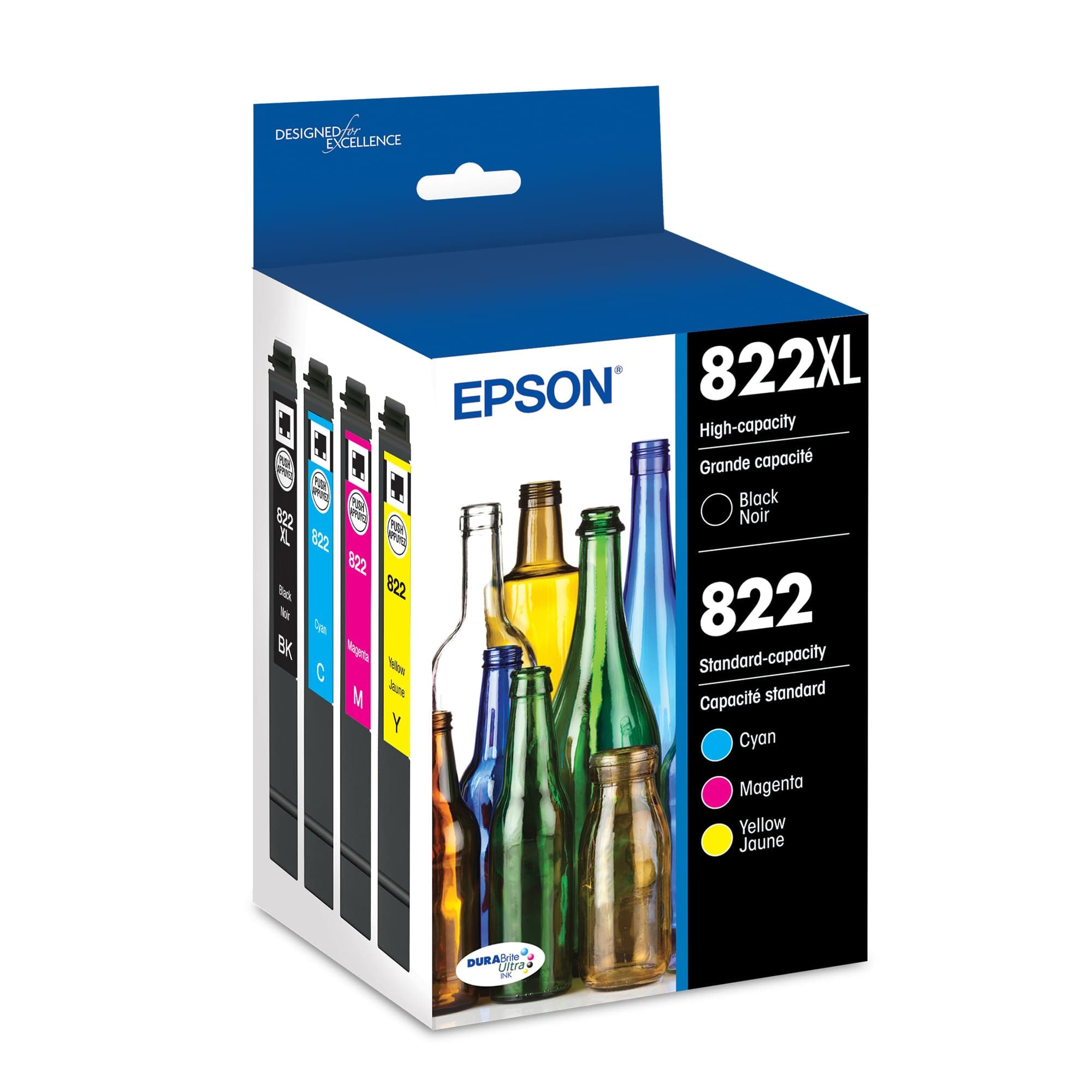 Epson DURABrite Ultra T822 High Capacity Black and Standard Capacity Color Combo Cartridge Ink (T822XL-BCS)