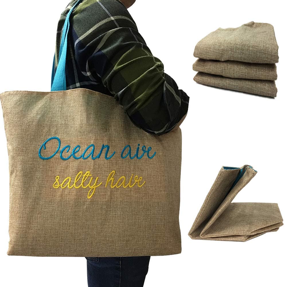 3 Pack Large Jute Travel Beach Tote Bags For Women With Cotton Handle/Folding Reusable Shopping Bag With Letters Embroidery(Lightweight &Durable)