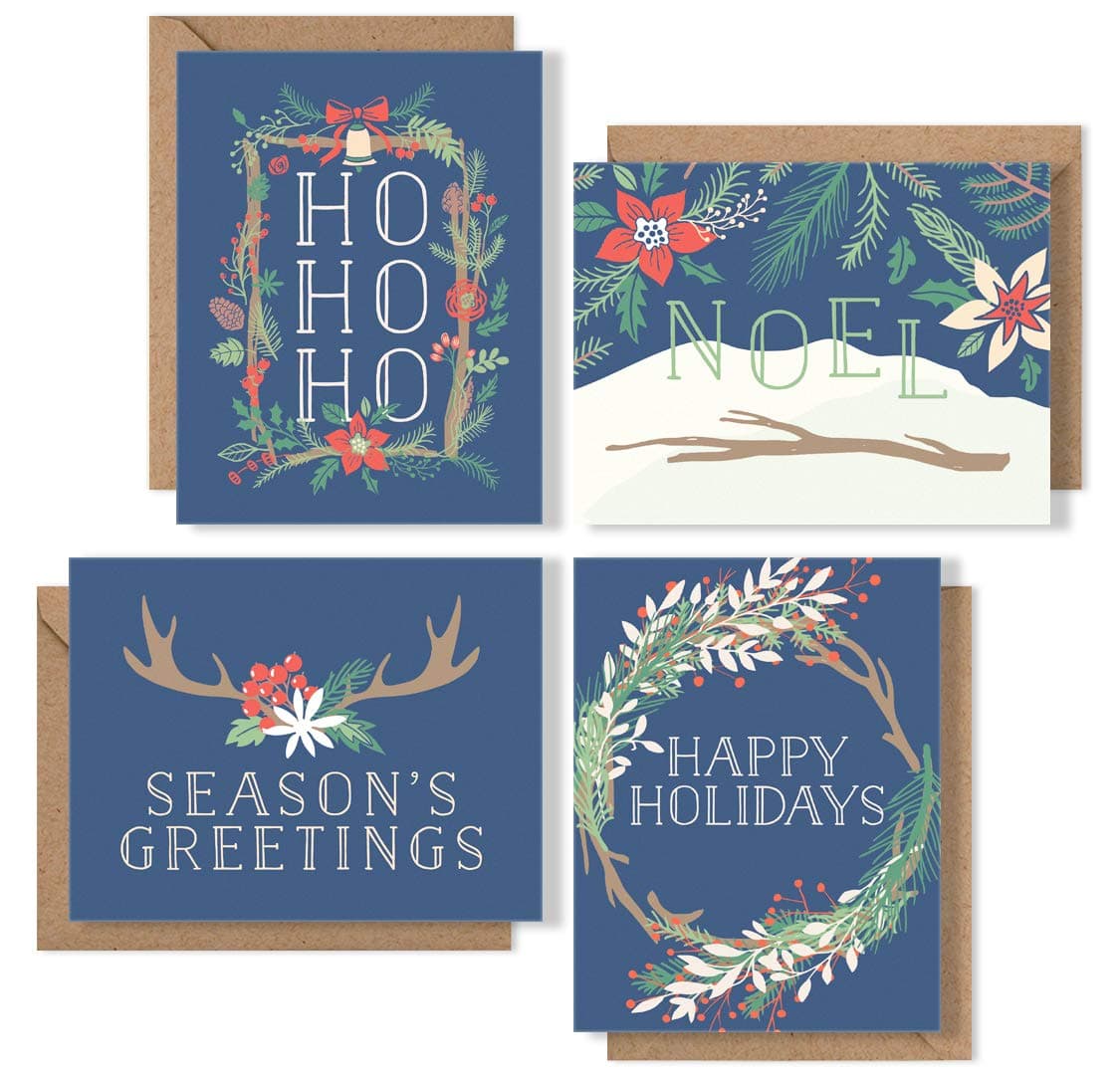 Navy Floral Holiday Card Boxed Set - Christmas Cards with Kraft Envelopes - 4 Unique Designs - Blank All-Occasion Holiday Greeting Cards Bulk Box - Proudly Made in the USA By Palmer Street Press (12)