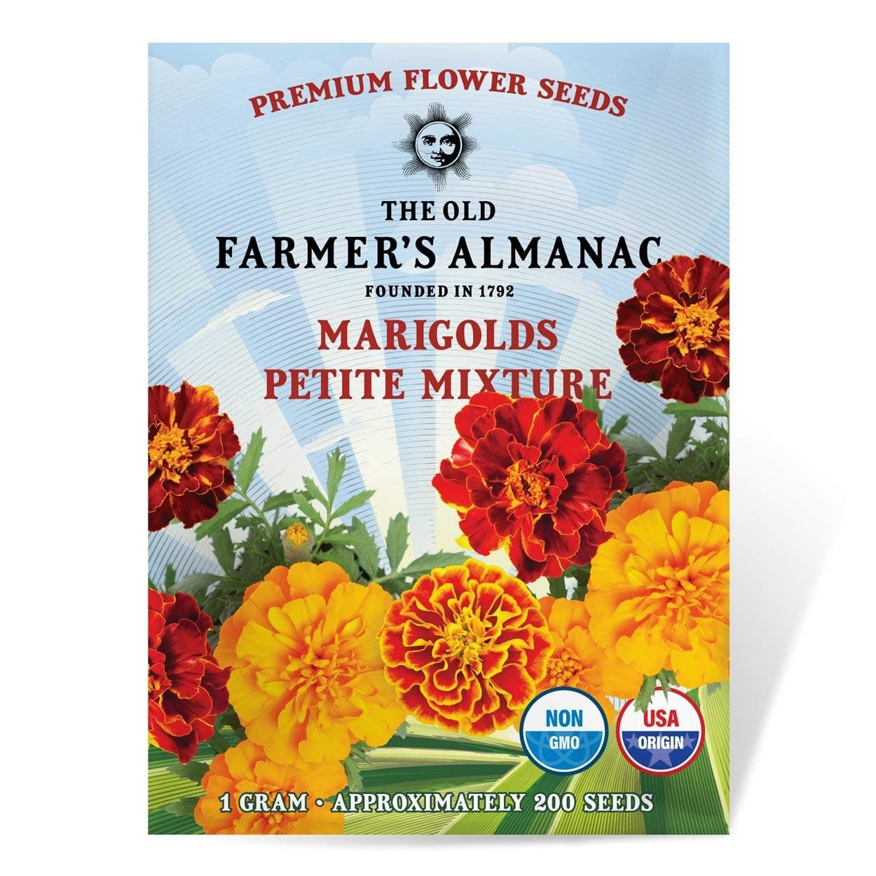 The Old Farmer's Almanac Petite Mixture Marigold Seeds - Premium Non-GMO, Open Pollinated, USA Origin - Approx 200 Flower Seeds
