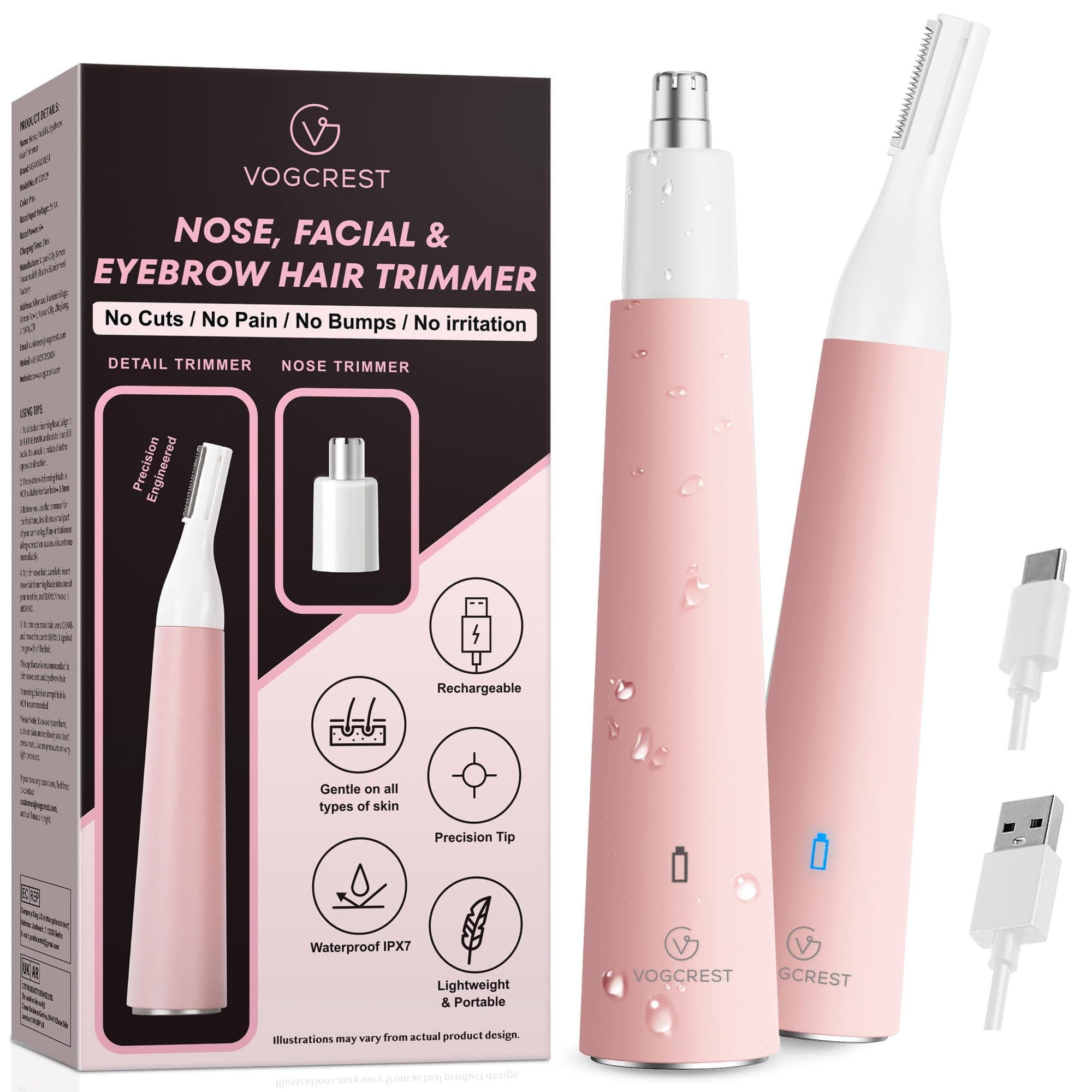 VG VOGCREST Nose Hair Trimmer for Women, Portable, Waterproof, Rechargeable, 2-in-1 Trimmer, Easy to Clean, Suitable for Sensitive Skin