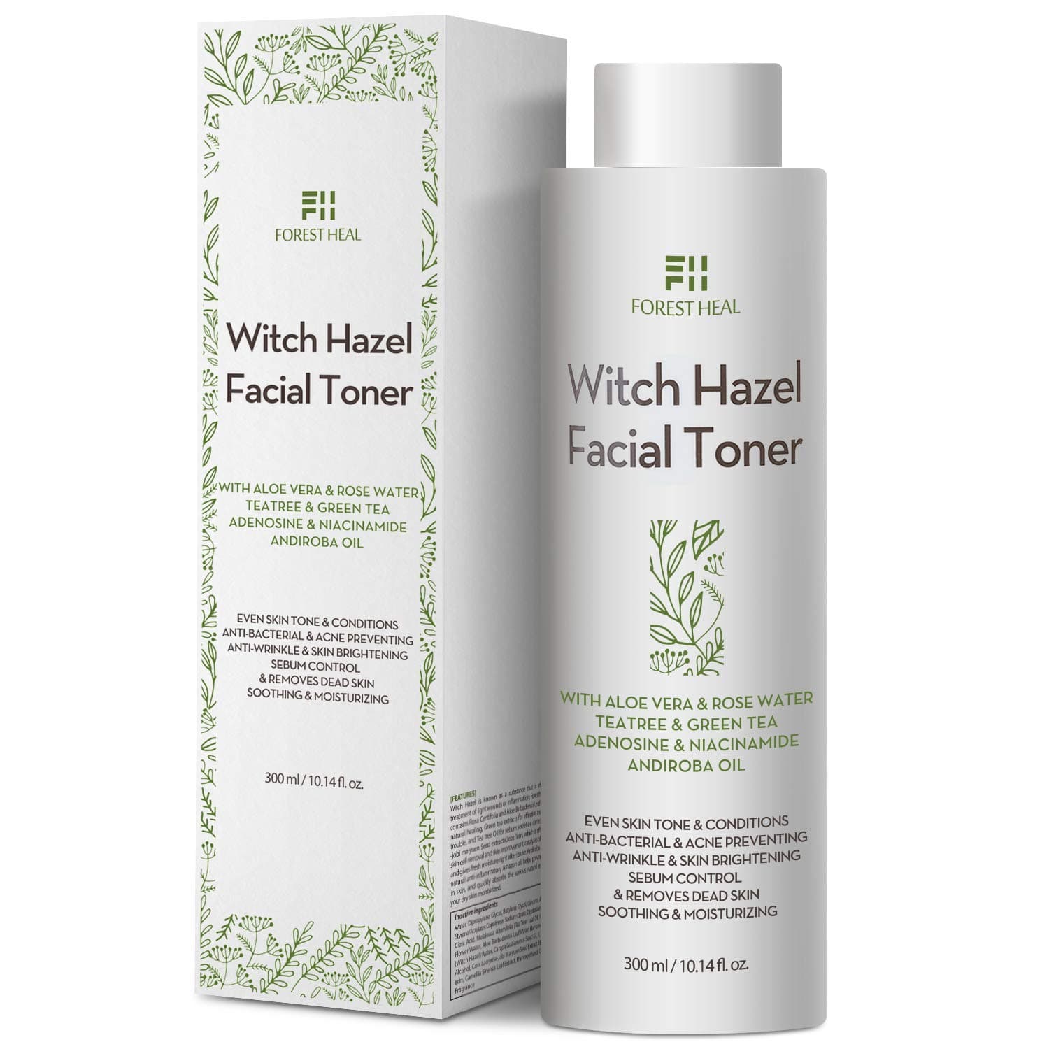 Natural Witch Hazel Face Toner - Alcohol Free with Aloe Vera, Rose Water, Green Tea - Forest Heal Unscented Natural Facial Toner and Moisturizer - Skin Toner 10.14 Oz / 300 mL