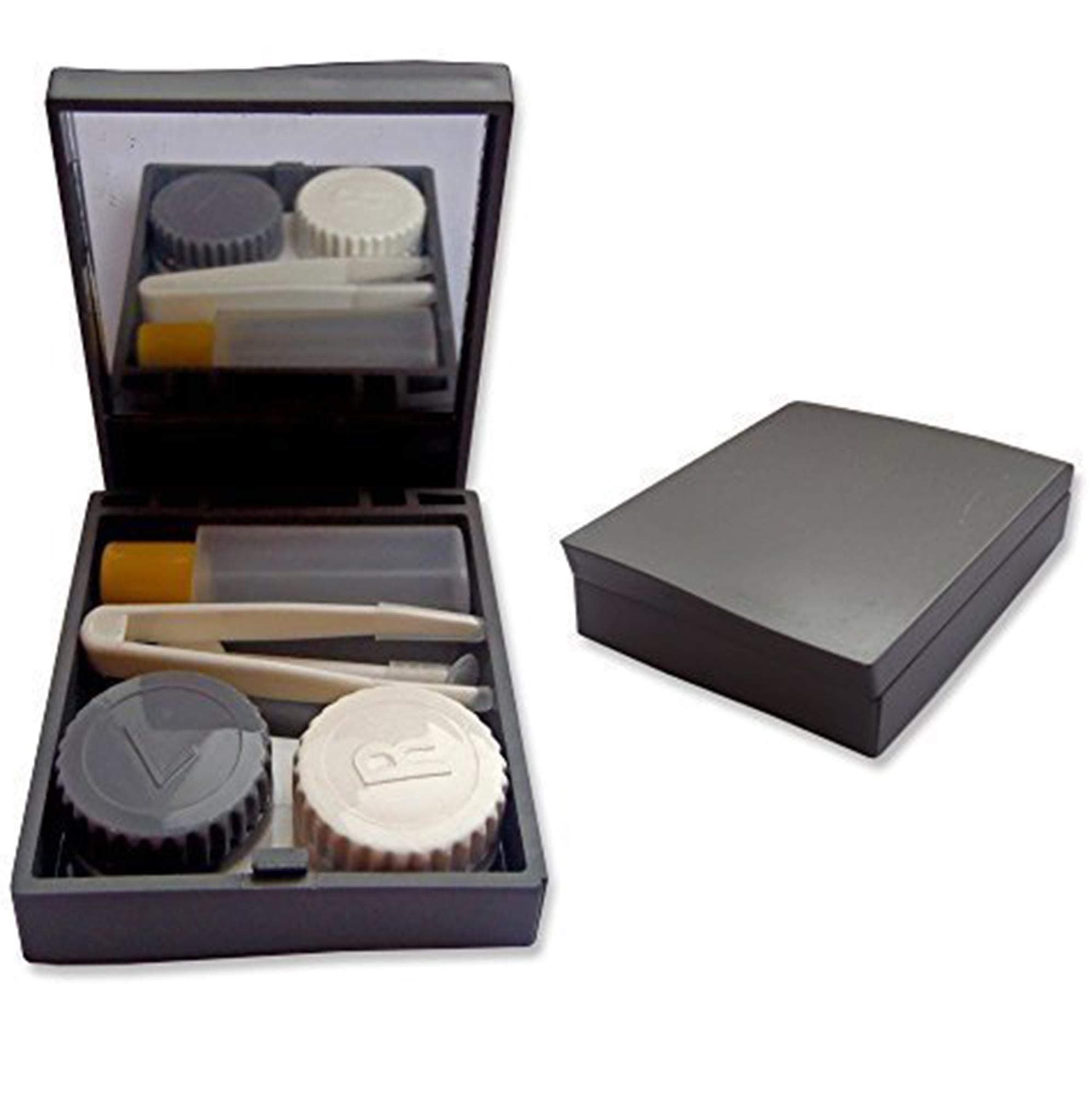 Contact Lens Travel Kit Case ~ Mirror Tweezers & Solution Storage Set for Lenses (Grey)