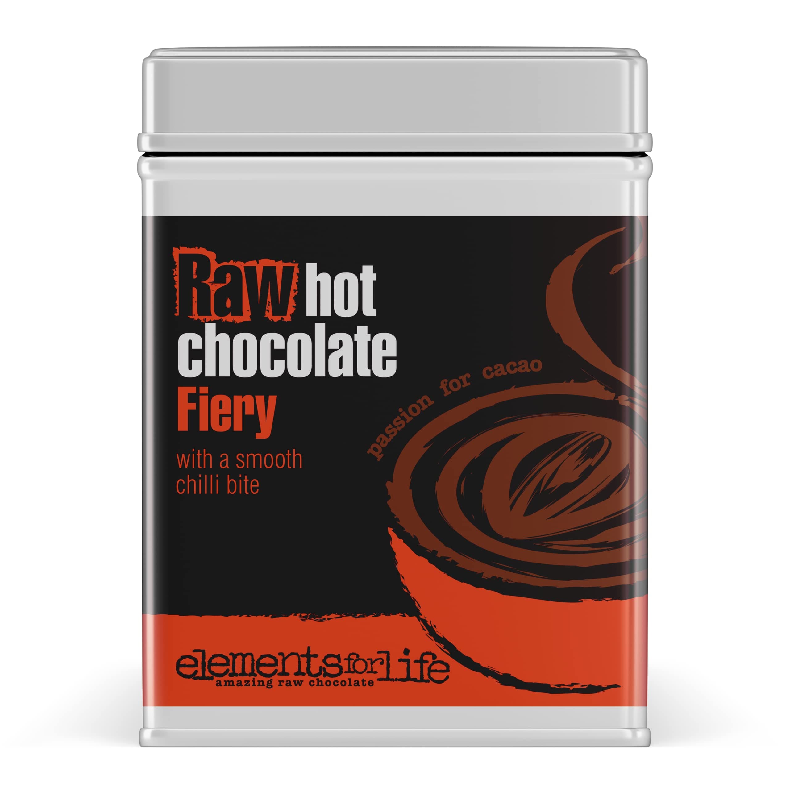– Premium Vegan Raw Fiery Hot Chocolate Cocoa Powder | Cacao with Fiery Jamaican red chilli chocolate | Raw Cacao, Coconut Blossom Sugar & Red Chilli | Dairy Free, Soya free and Gluten Free | 1 x 175g Tin Can