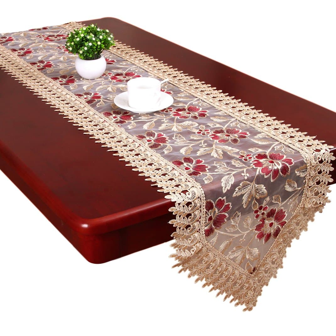 Grelucgo Small Short Burgundy Lace Doily Table Runners Dresser Scarves (13 x 36 inch)