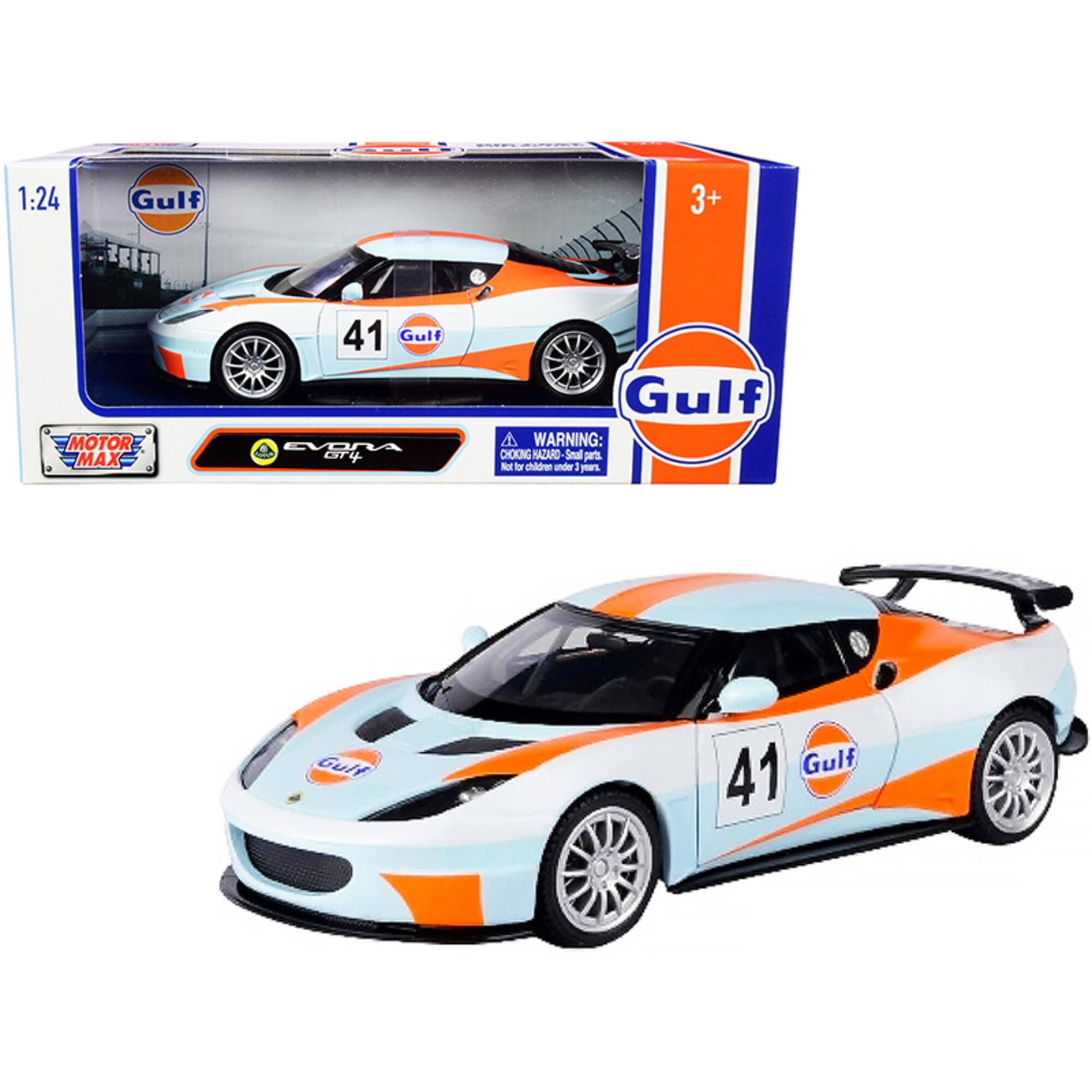 Motormax Lotus Evora GT4#41 "Gulf Oil Light Blue with White and Orange Stripes 1/24 Diecast Model Car