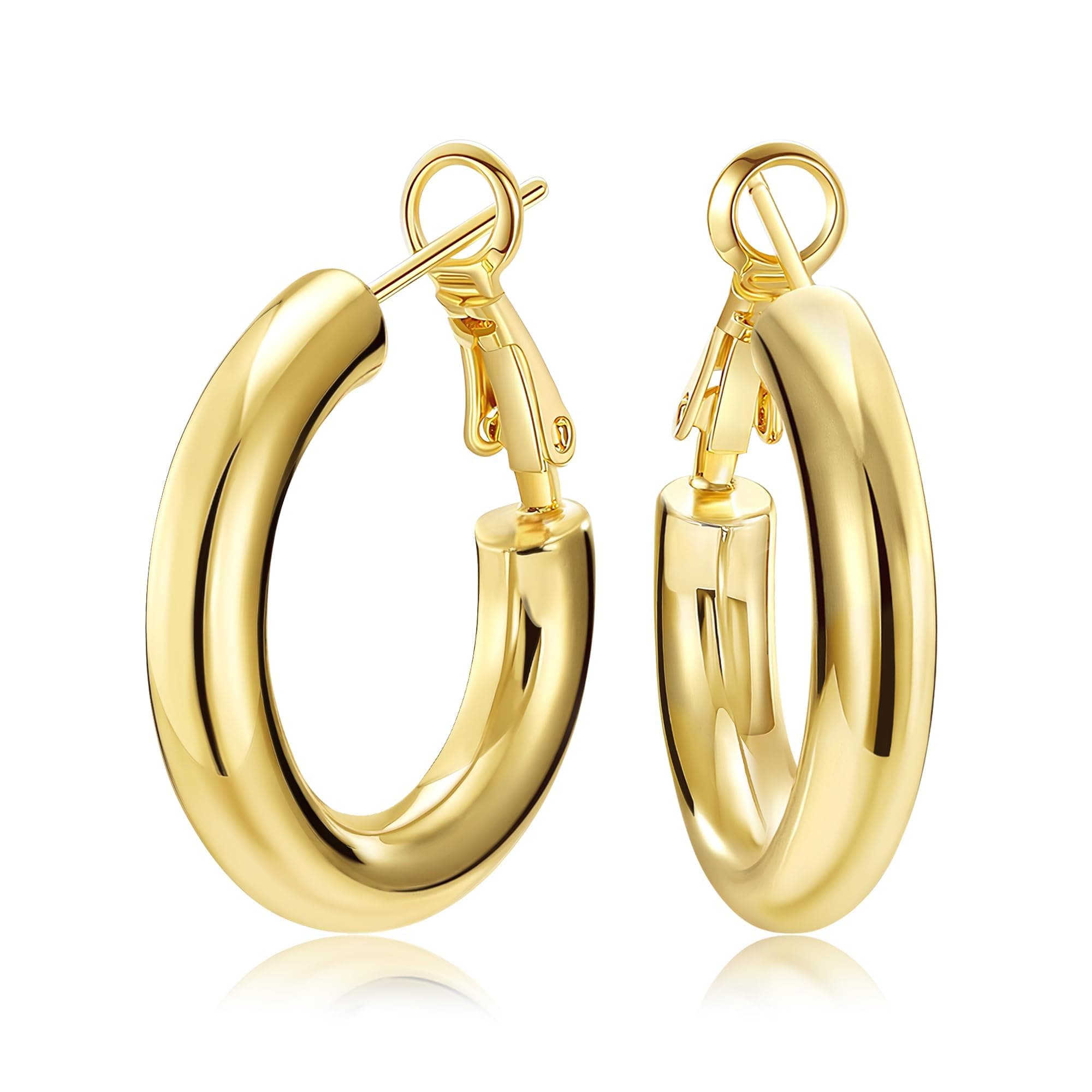 Chunky Gold Hoop Earrings - 14K Gold Plated Earrings for Women Hollow Tube Lightweight Thick Hoops 20/25/30/40mm Valentines Mother's Day Birthday Gifts