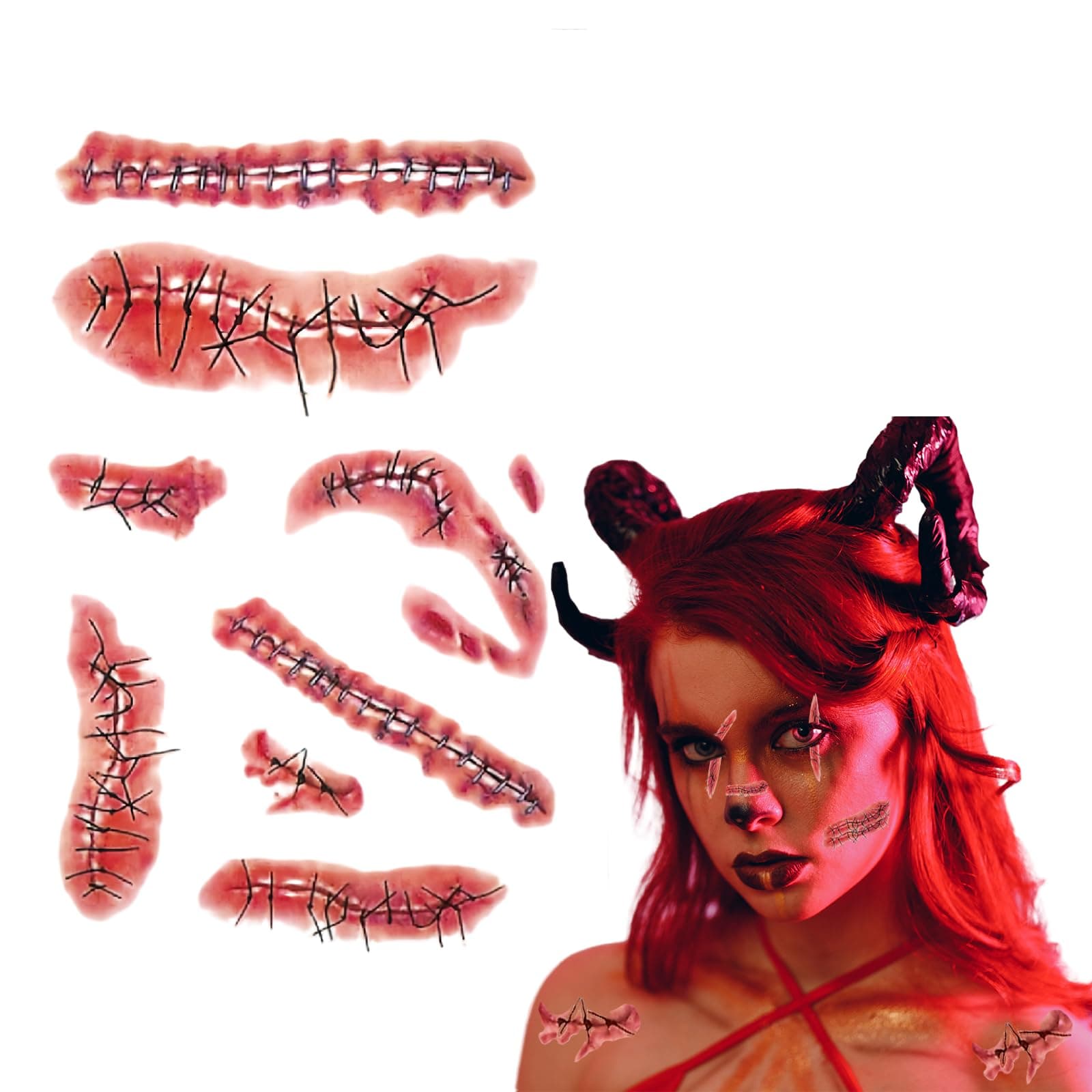 10 Sheets Halloween Face Body Temporary Tattoos for Adults Kids, Scary Realistic Fake Bloody Wound Stitch Scar Scab Tattoo Stickers, Halloween Make Up Horror Face Decals Cosplay Costume Accessories