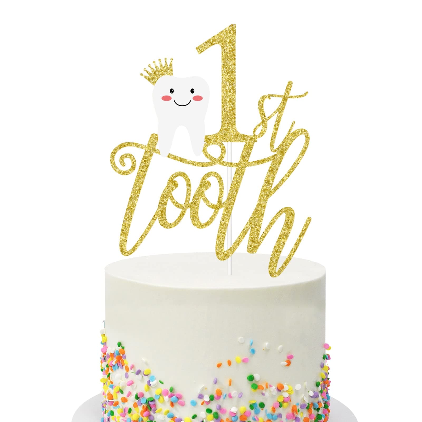 First Tooth Cake Topper, 1st Teething Party Decoration, Pre-assembled Double-Sided Gold Glitter