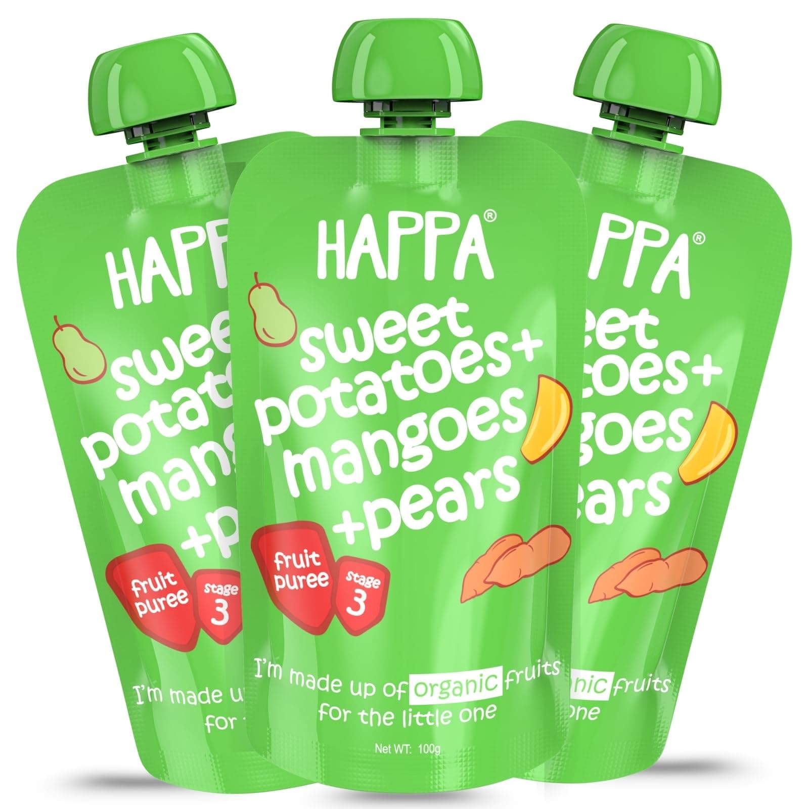 Organic Baby Food Sweet Potato Mango and Pear Puree | 100% Fruits and Vegetables | No Added Sugar, No Milk Powder, No Preservatives | Stage 3 (8 Months+) | Ready to Eat | Free from Common Allergens | Pack of 3 (100g Each)