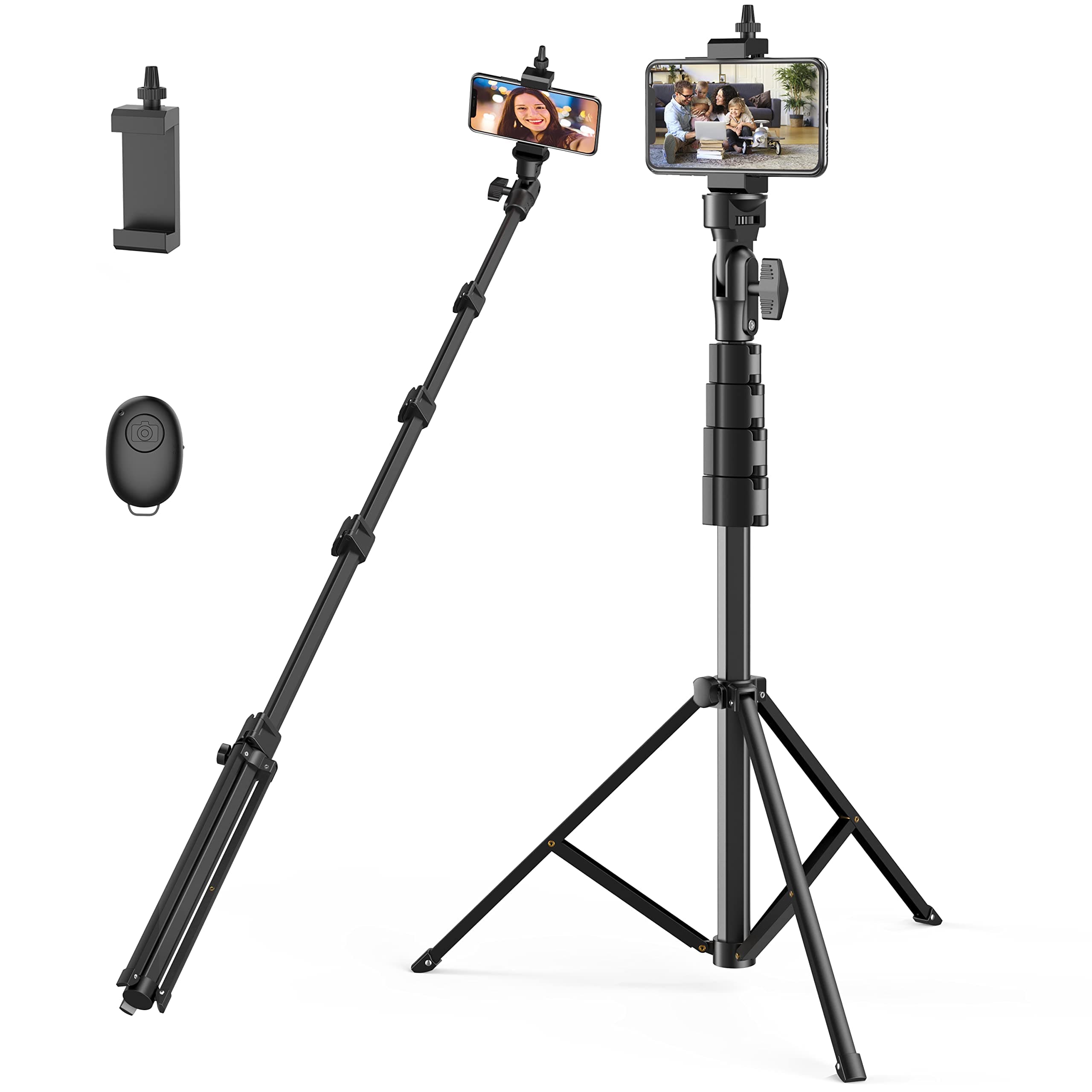 55” Phone Tripod Stand & Selfie Stick Tripod, All-in-One Extendable Camera & Cell Phone Tripod with Wireless Remote and Phone Holder, Compatible with iPhone Andriod Phones Black