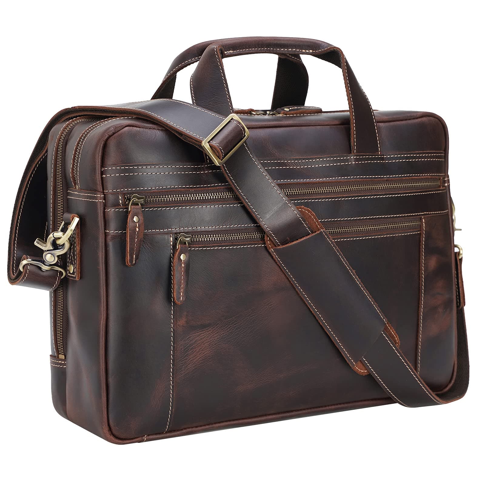Polare Large Full Grain Leather Briefcase Laptop Business Messenger Work Bag Fits 17.3'' Laptop