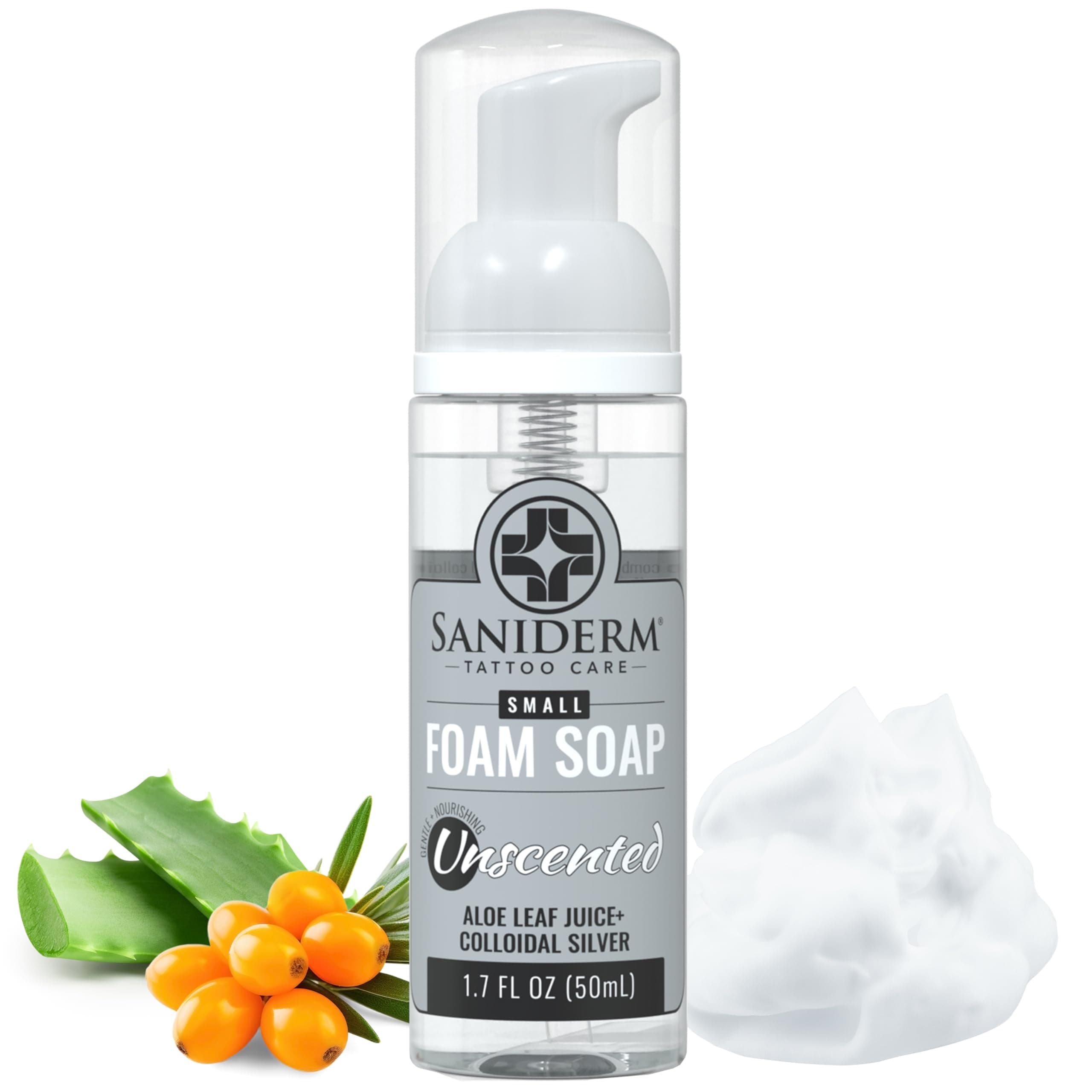 Saniderm Foaming Tattoo Soap (1.7oz Travel Size) – Gentle Soap for Tattooed Skin, Infused with Antimicrobial Colloidal Silver, Aloe Vera, and Nourishing Sea Buckthorn Oil