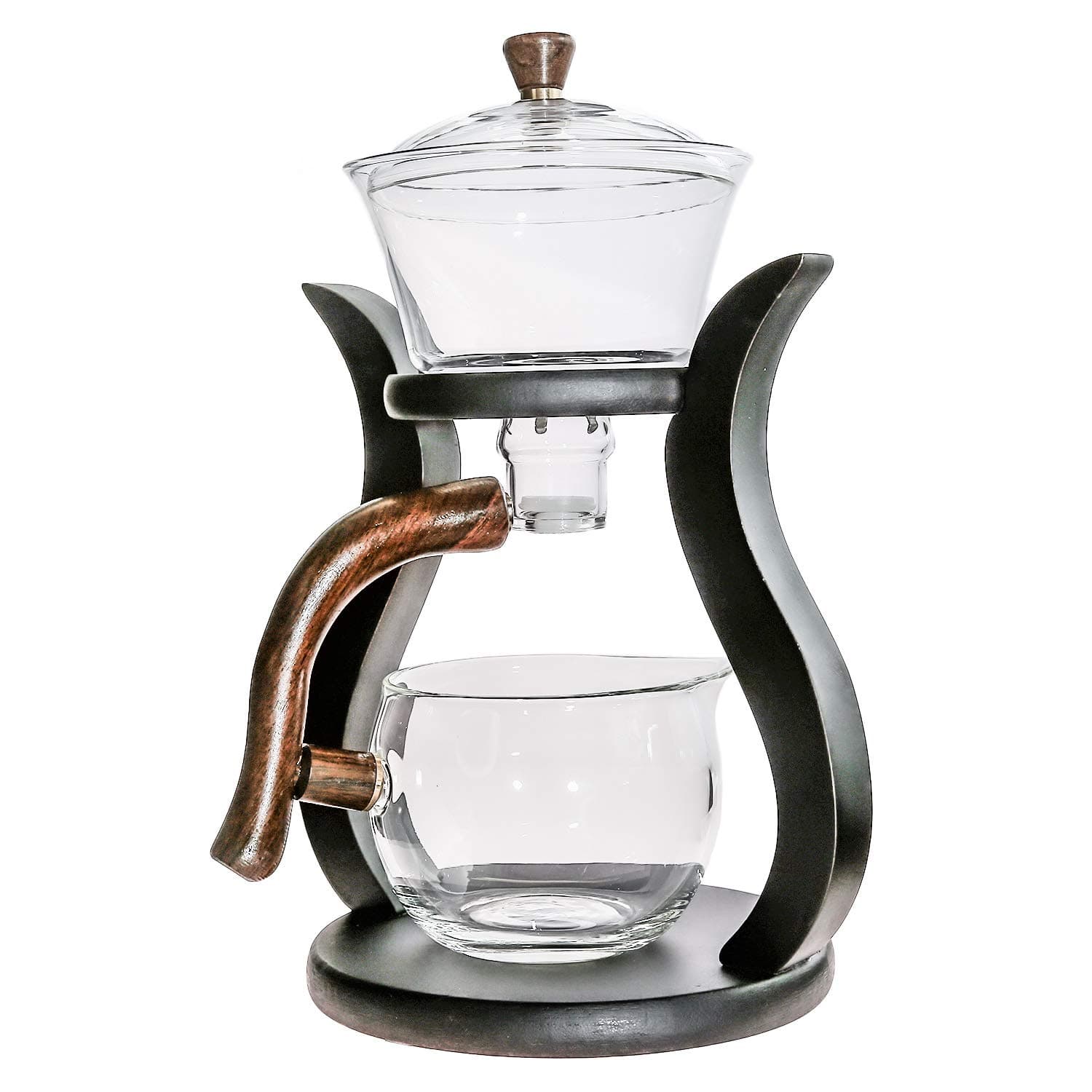 Glass Teapot Set Semi Automatic Drip Rotating with Infuser Lazy Kungfu Tea pot Set (wooden)