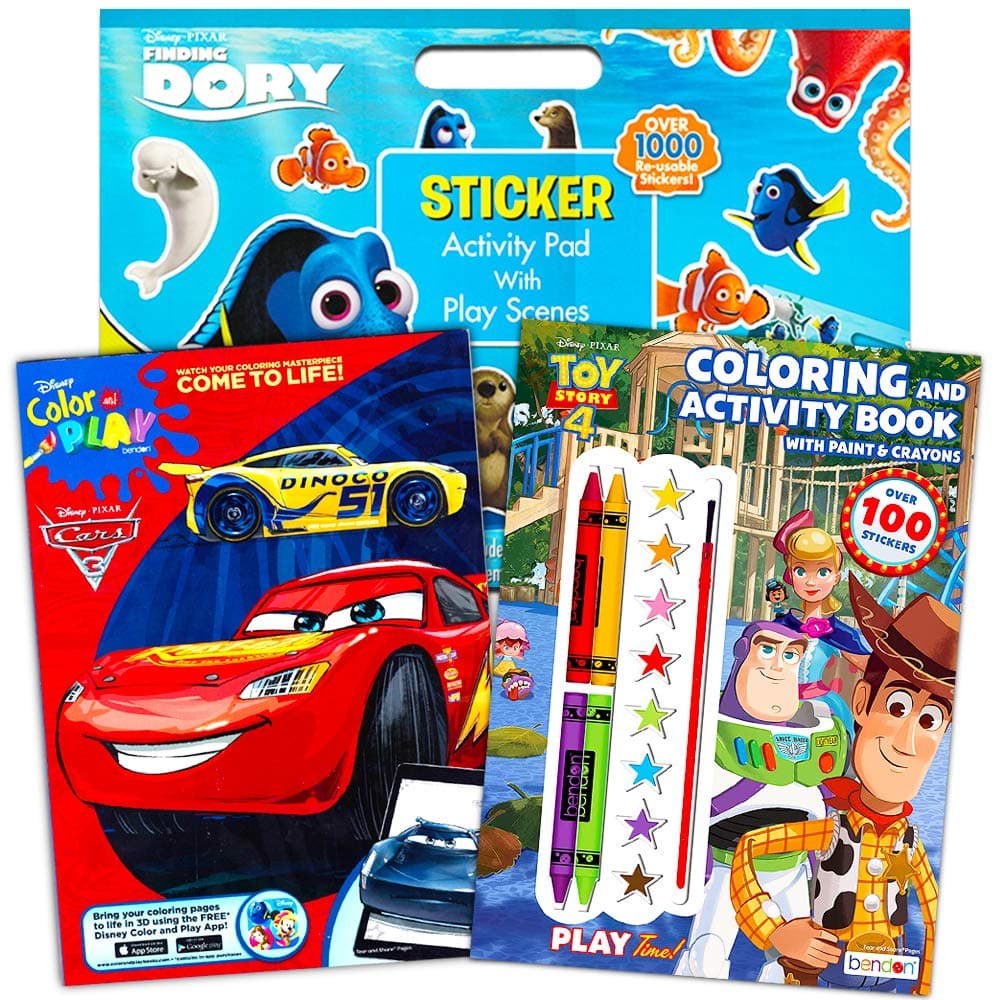 Disney Paint with Water and Coloring Book Set for Kids with Stickers ~ 3 Deluxe Books Featuring Toy Story, Disney Cars, Finding Nemo and More