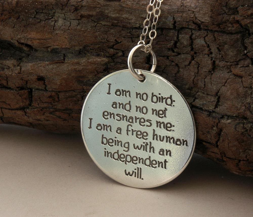 Book Lover gift, Charlotte Brontë"I am no bird" custom engraved handmade sterling silver necklace/keyring, Jane Eyre, Gift for Her, Sister, BFF