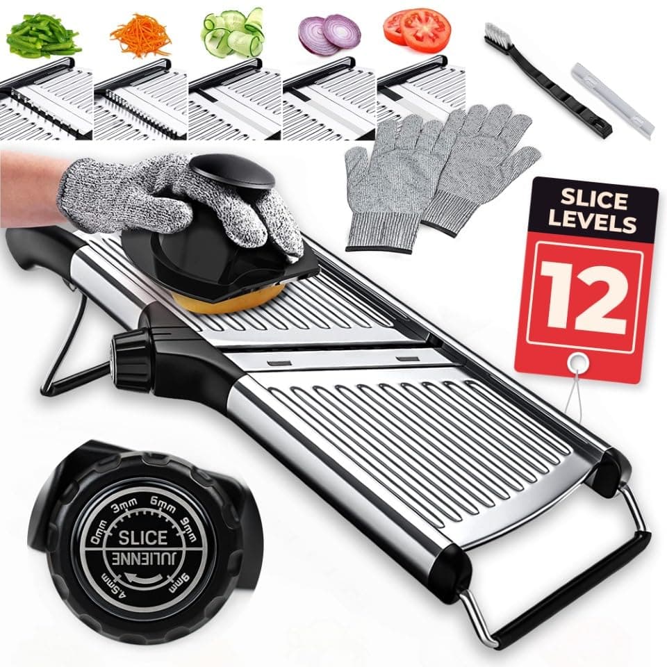 Gramercy Kitchen Company Co. Adjustable Stainless Steel Mandoline Food Slicer - Comes with One Pair Cut-Resistant Gloves || Vegetable Onion Potato Chip French Fry Julienne Slicer