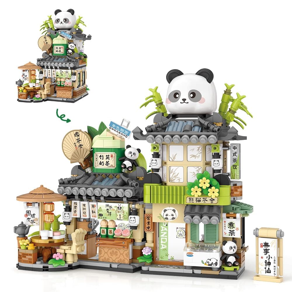 City Tea House Building Blocks Set, Openable Panda Construction Tea Shop Building Toys for Boys Girls Age 8+, 860pcs Mini Bricks