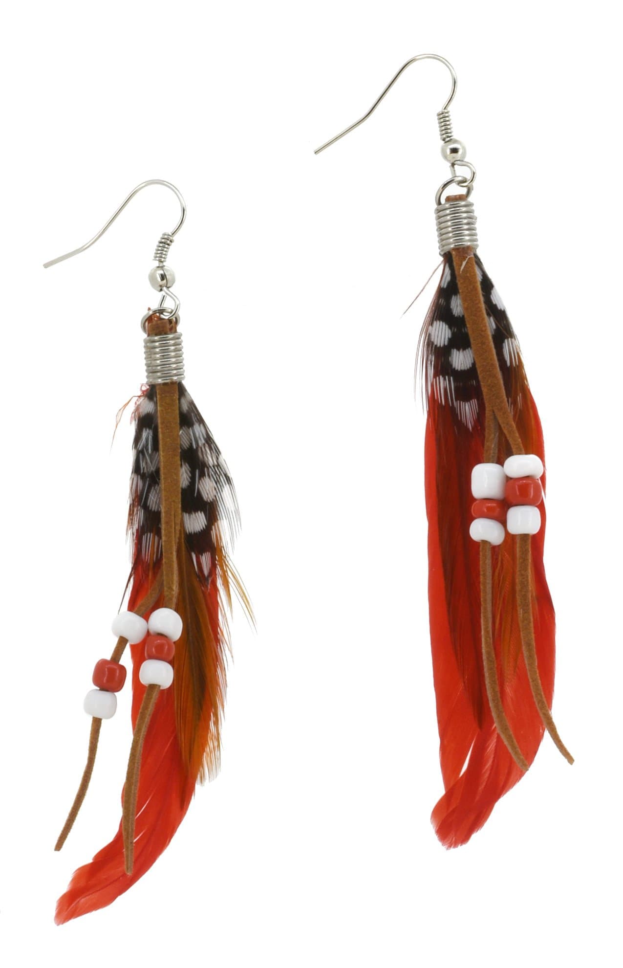 Natural Feather Fashion Earrings with Leather, Red Tones