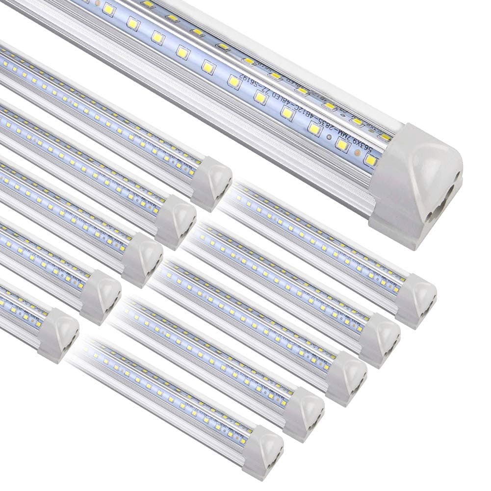 8FT LED Shop Light Fixture, White 10 Pack T8 Integrated Tube Lights, 72W 9500LM 6500K High Output Clear Cover, V Shape 270 Degree Lighting for Garage Warehouse, Upgraded Lights Plug and Play