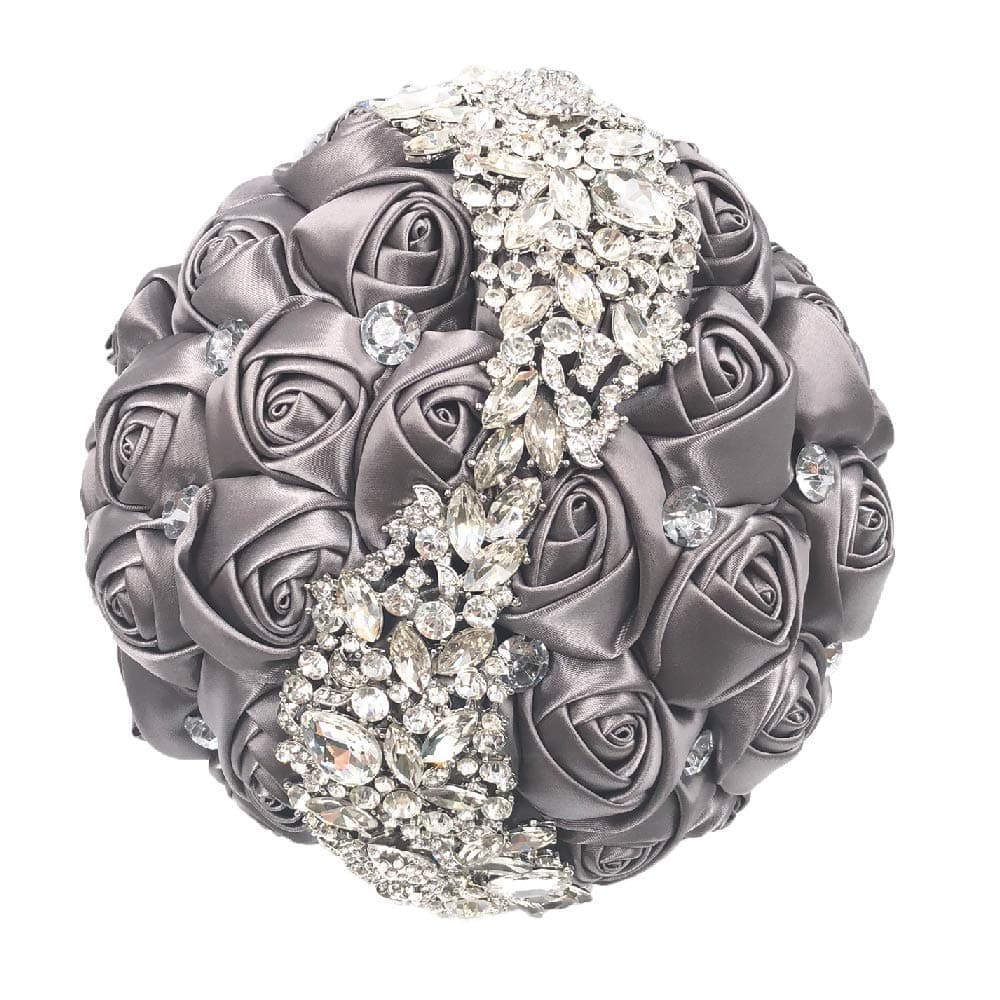 Abbie Home Quinceanera Silver Brooch Bouquet - Bride Wedding Bouquets Bridesmaids Satin Rose Flower with Sparkle Rhinestone Crystal Decoration (Grey)