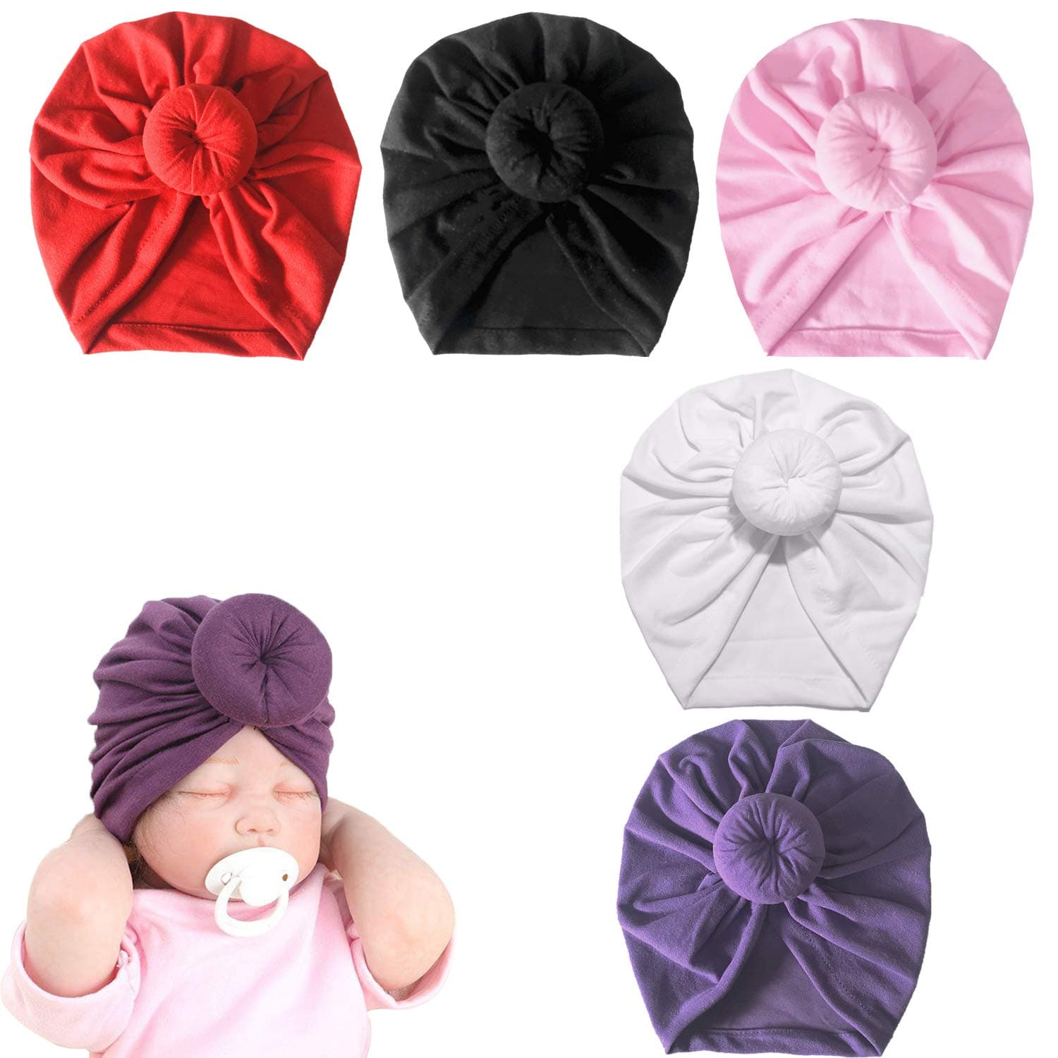 LERTREE 5 Pack Newborn Hat Soft Turban Baby Girl Big Knot Hat Infant Kids Head Cap Headwear