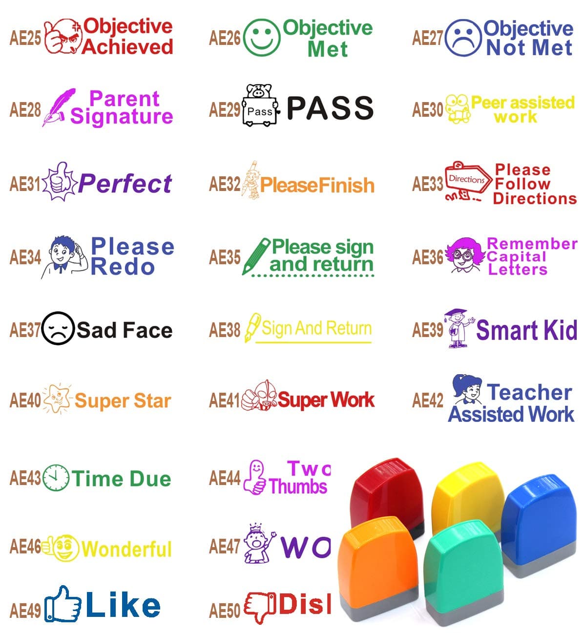 5pc Self Inking Teacher Stamps School Grading Stamp Homework Reward Feedback Select from 50 Options and 8 Colors. Checked Like Please Sign and Return Please redo