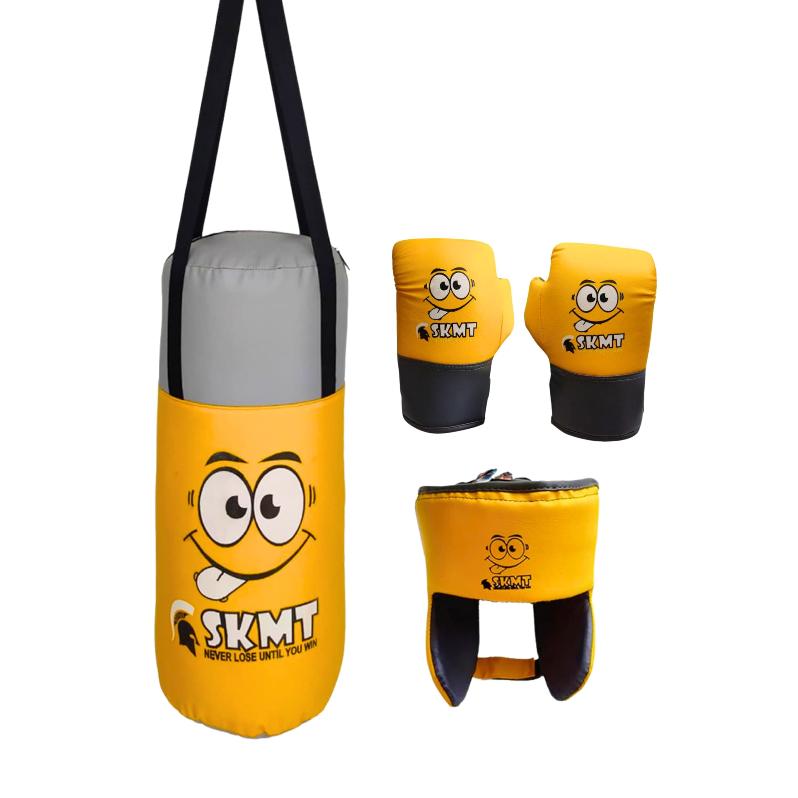 SKMT NEVER LOSE UNTIL YOU WIN Kids Boxing Kit with Filled Punching Bag, Gloves and Headgear, Age Group 2-7 Years & 7-13 Years (Yellow, Age Group 2-8 Years)