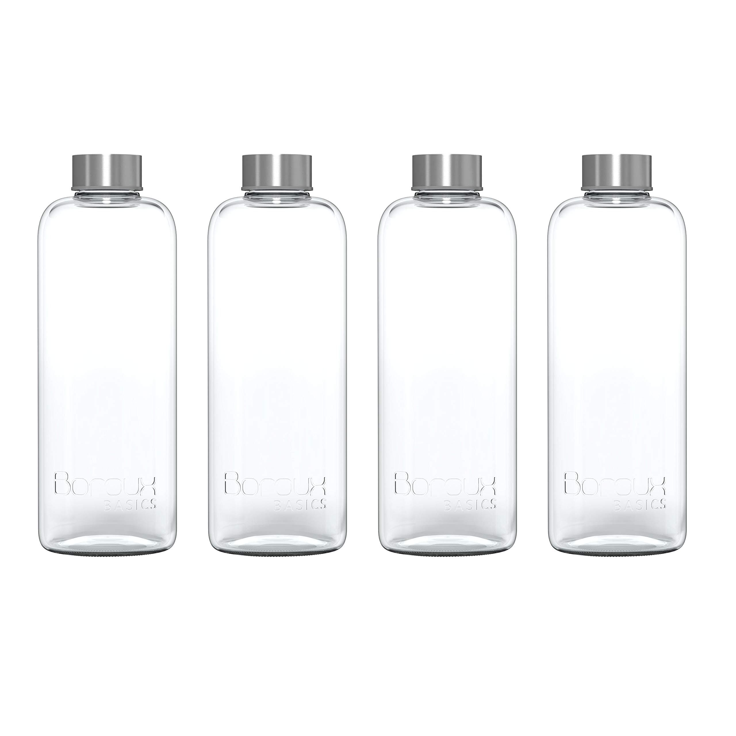 Basics 1 Liter Reusable Glass Water Bottles BPA/BPS Chemical Free, Premium Soda Lime Glass, 4 Pack of Reusable Drinking Bottles, Leak Proof Stainless Steel Cap. Great for Water, Juice,Kombucha