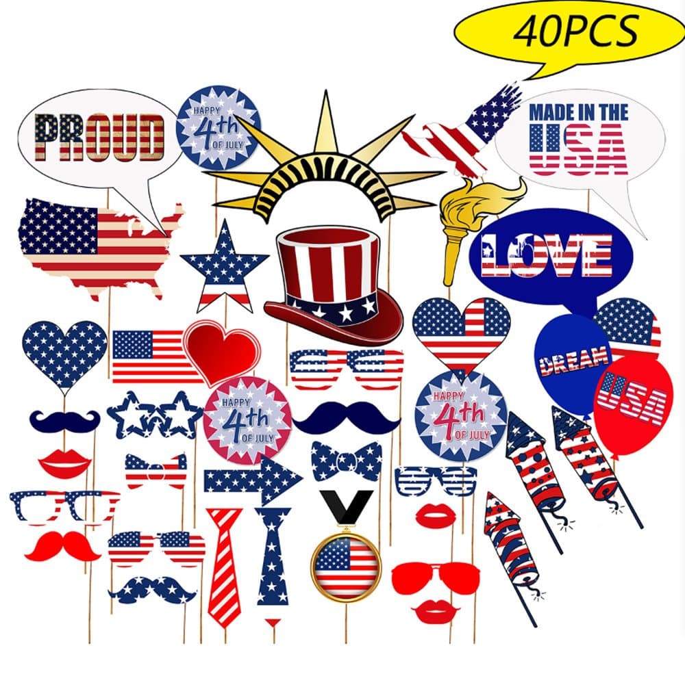 4th of July Photo Booth Props - For American Independence Day Star/Uncle Sam Hat Patriotic Party Decorations Supplies 40pcs