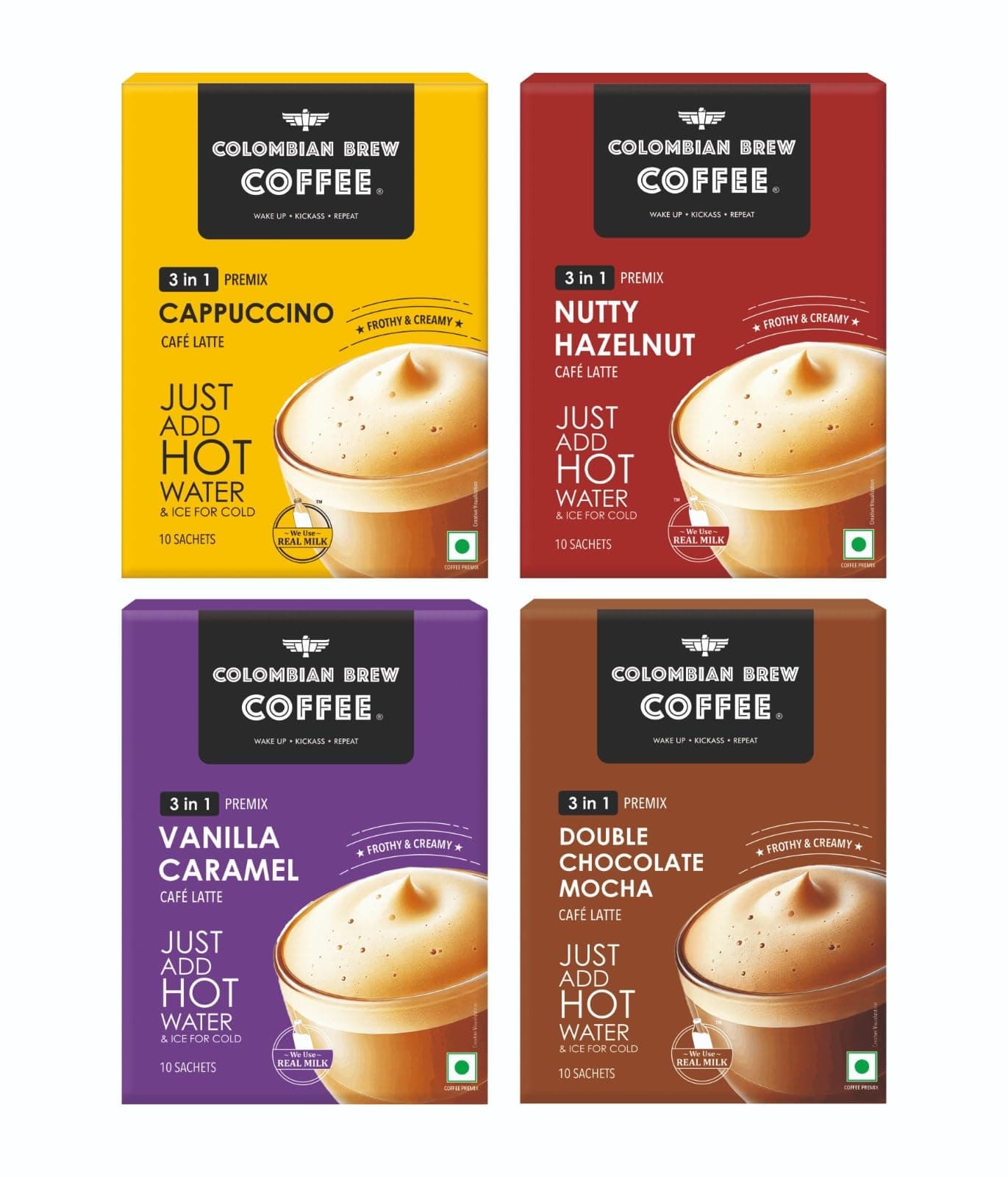 Colombian Brew 3 in 1 Assorted Instant Coffee Premix Café Latte, Cappuccino, Hazelnut, Vanilla Caramel, Double Choco Mocha, 8 Sachets Box Buy 3 Get 1 Free