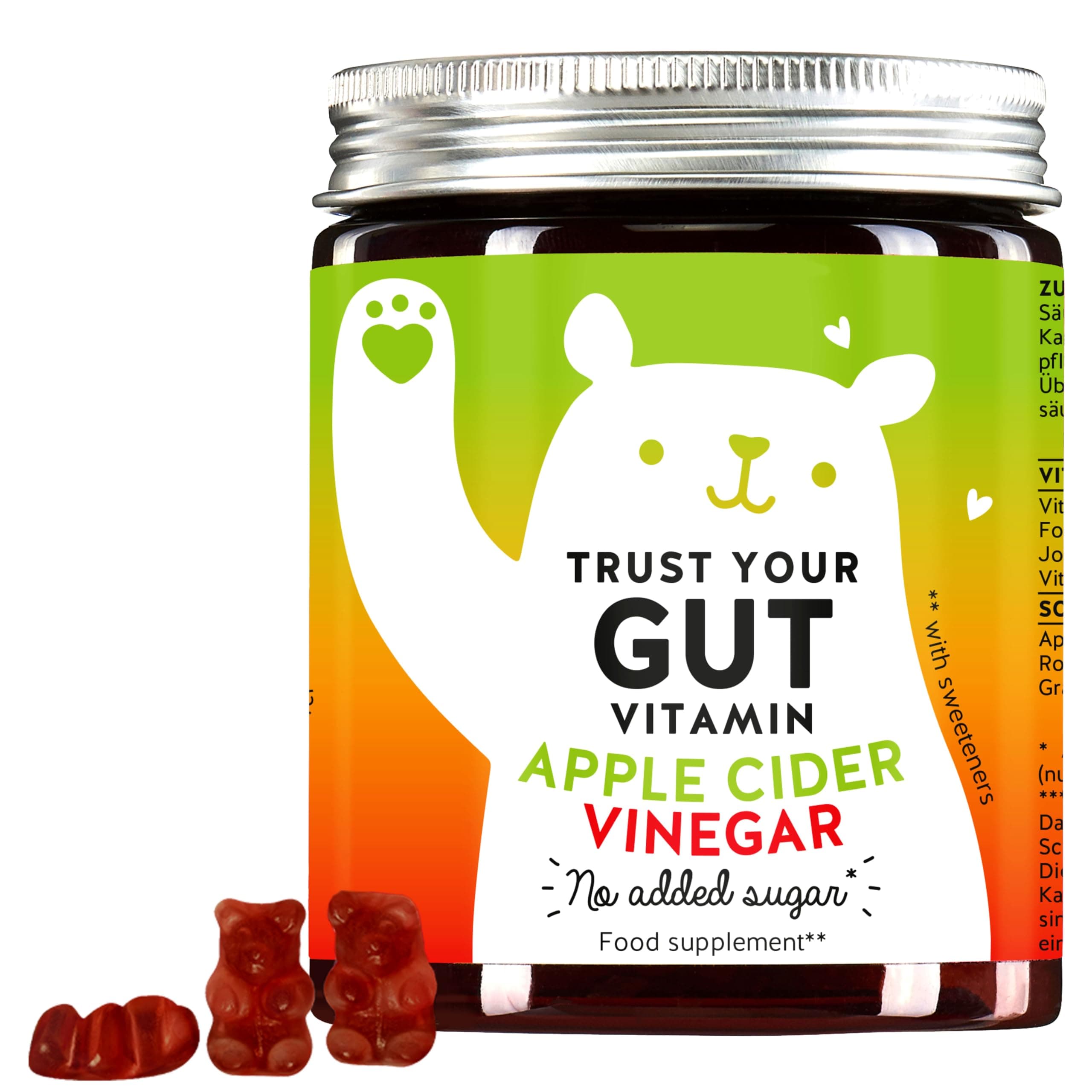 Apple Cider Vinegar Gummies – high-dose with 350 mg Apple Cider Vinegar Powder – Vitamins B6, B12, Iodine, and folic Acid – 60 Pieces – Vegan – no Added Sugar – Bears with Benefits.