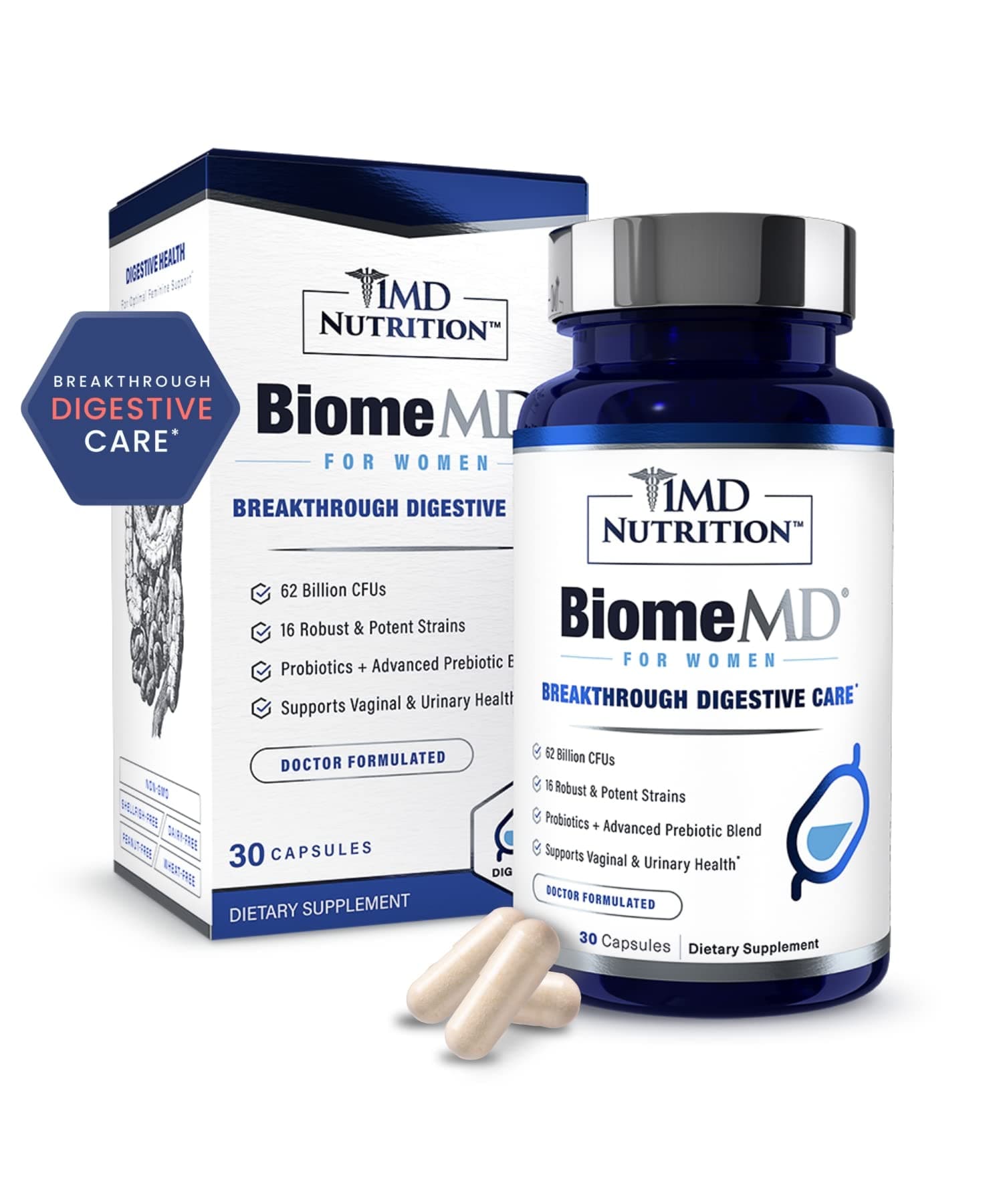 BiomeMD Probiotics for Women - Daily Prebiotics and Probiotics for Women - More Than 60 Billion CFUs, 15 Strains - Womens Probiotic to Support Urinary & Vaginal Health - 30 Capsules
