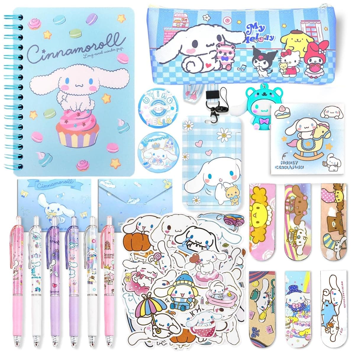 HASTHIP® 26Pcs Kawaii Cinnamoroll School Supplies Set, Kawaii Stationery Supplies Set with Notebook, Pencil Pouch, Black Ball Pen, Assorted Cinnamoroll Stickers, Stationery Items Gift for Girls