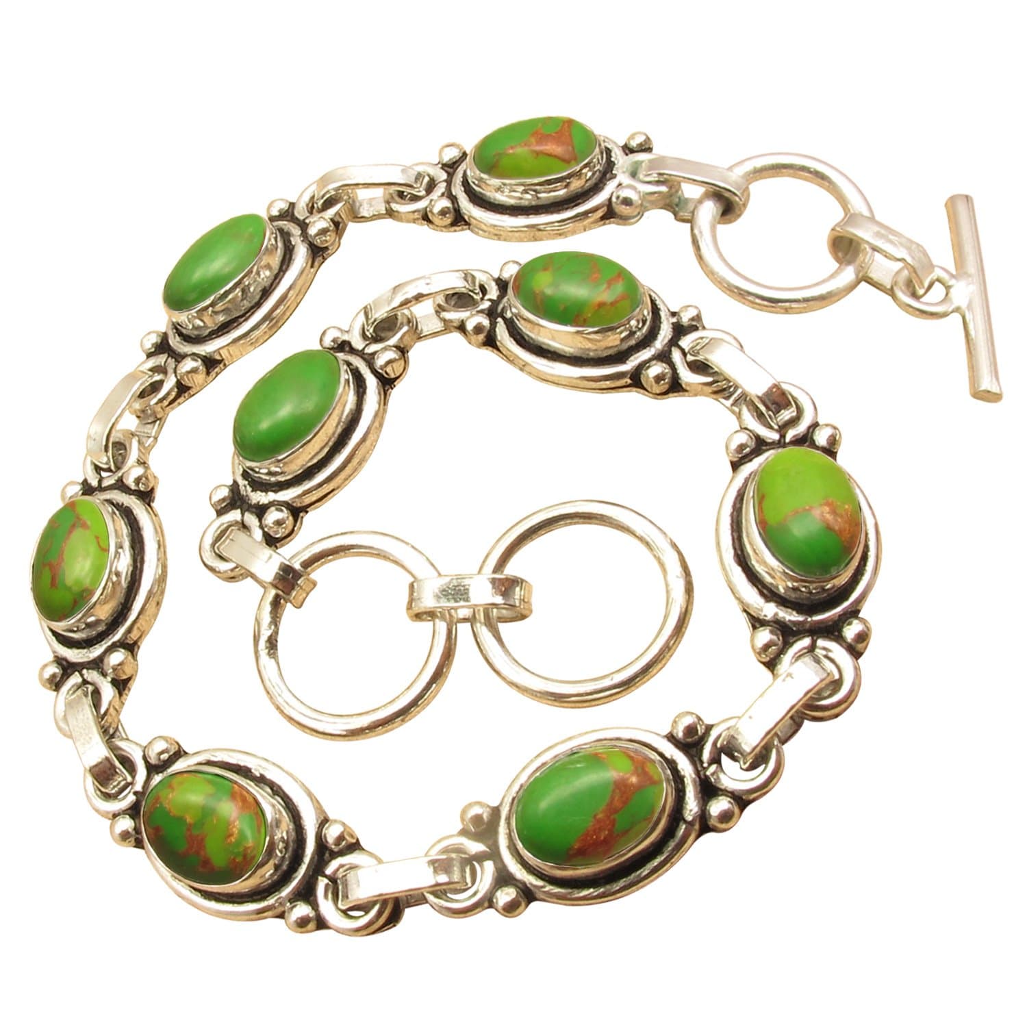 ShantiInternational Genuine Green Copper Turquoise Gemstone Bracelet ! 925 Sterling Silver Plated Online Jewelry Store