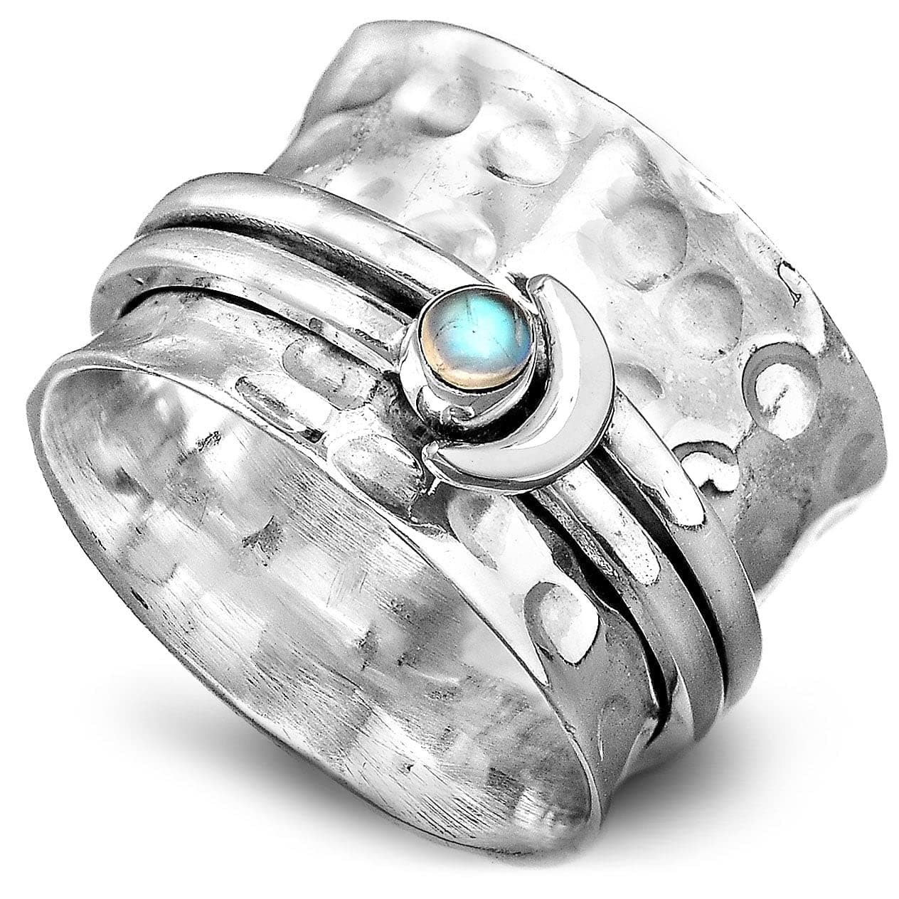 Boho-MagicSpinner Moonstone Moon Ring for Women 925 Sterling Silver Fidget Wide Band
