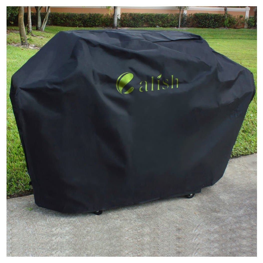 Calish Premium Barbecue Cover, Waterproof Heavy Duty 600D Oxford BBQ Cover, Windproof, Anti-UV, Rip-Proof Gas Grill Cover for Weber, Brinkmann, Char Broil etc. 145x117x61cm (Black)