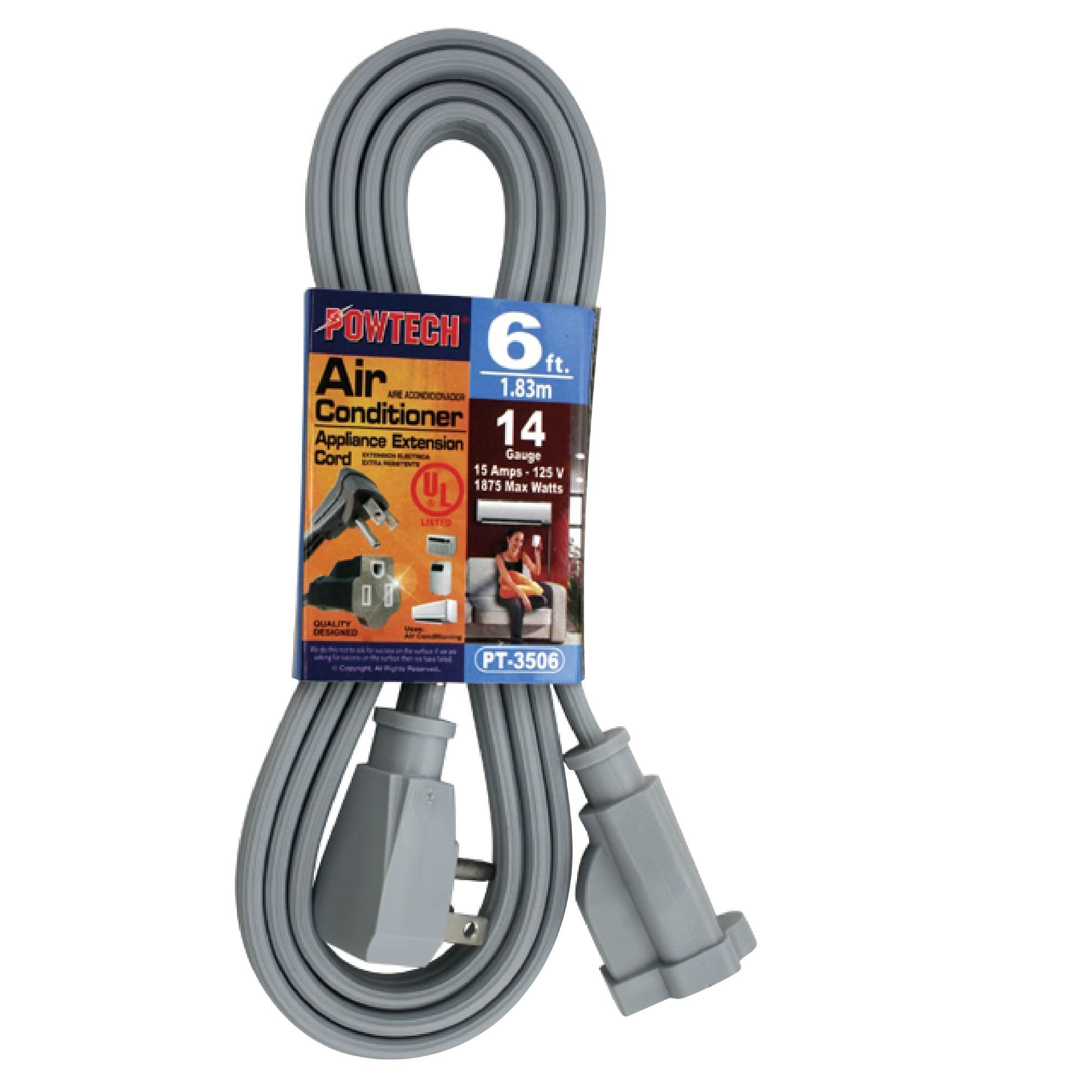 Heavy duty 6 FT Air Conditioner and Major Appliance Extension Cord UL Listed 14 Gauge, 125V, 15 Amps, 1875 Watts GROUNDED 3-PRONGED