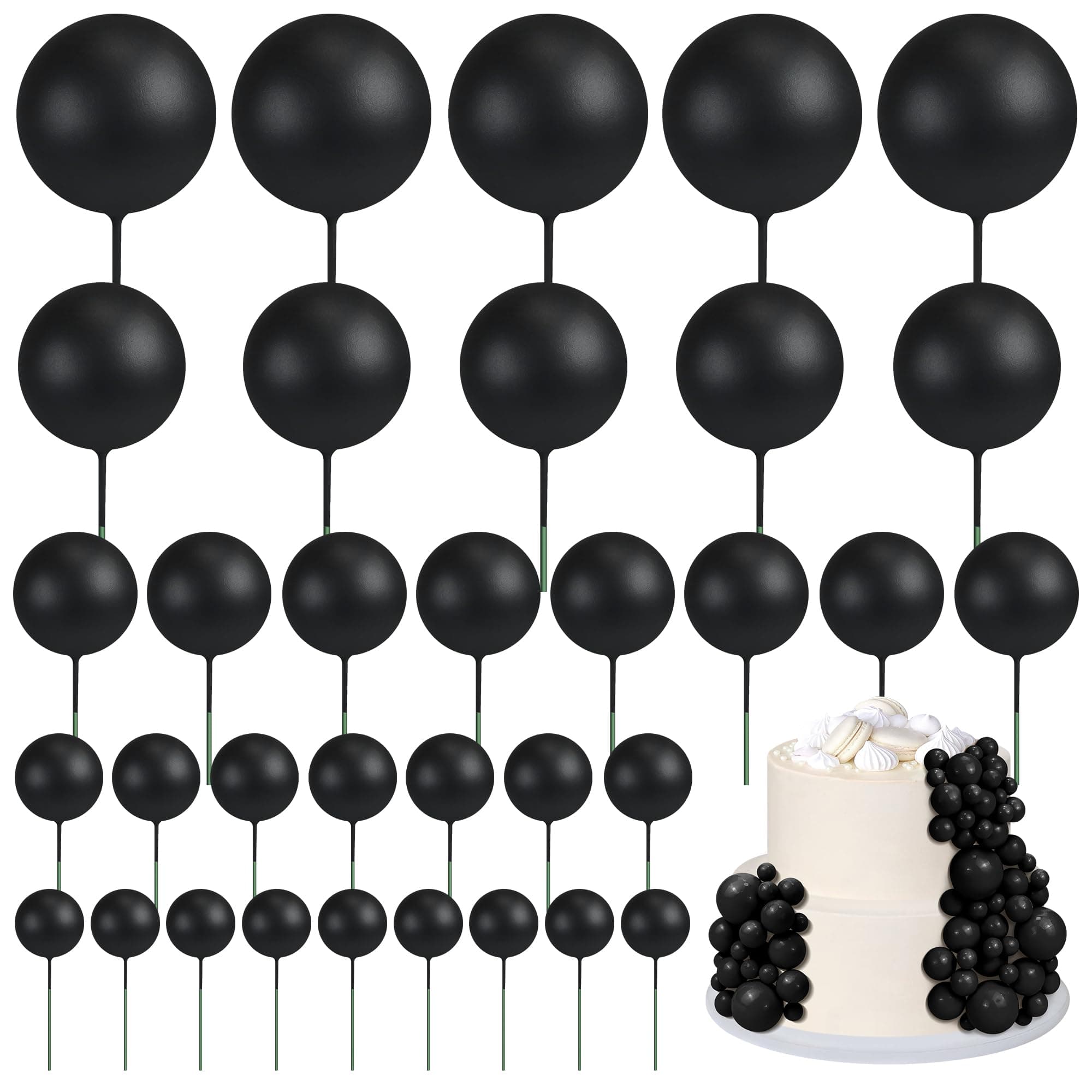 55 Pieces Mini Balls Cake Toppers 5 Sizes Foam Ball Cake Picks Cake Decorations Black Color Mini Balloons Stick Cake Cupcake Toppers for Anniversary Baby Shower Party Supplies (Size1.5-4Cm)