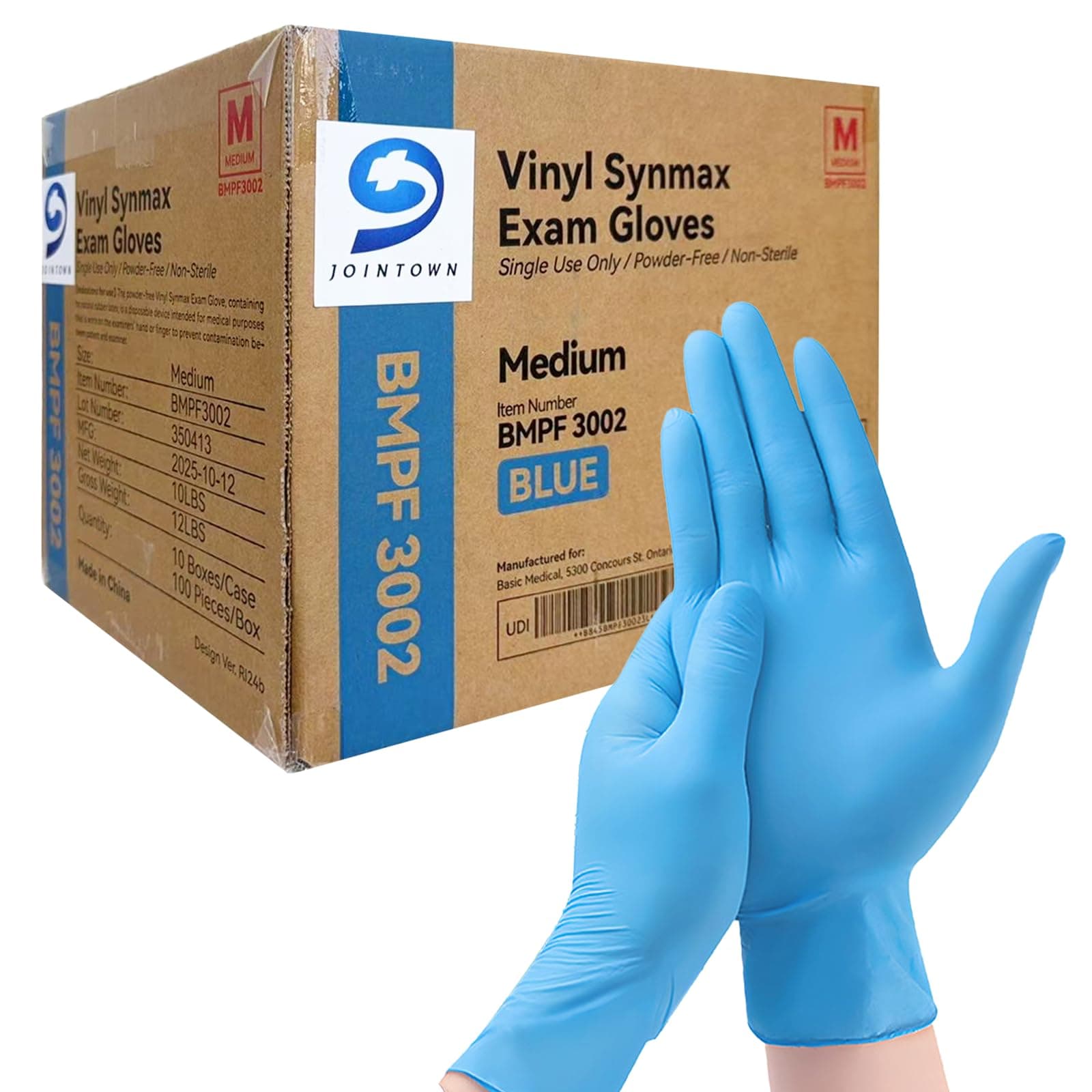 Jointown Basic Medical Synmax Vinyl Exam Gloves - Latex-Free & Powder-Free - Medium, BMPF-3002(Case of 1,000)